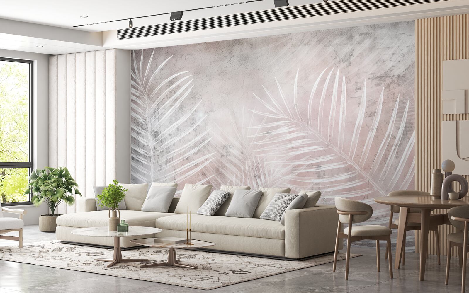 Papier peint larges feuilles blanches sur un fond doux