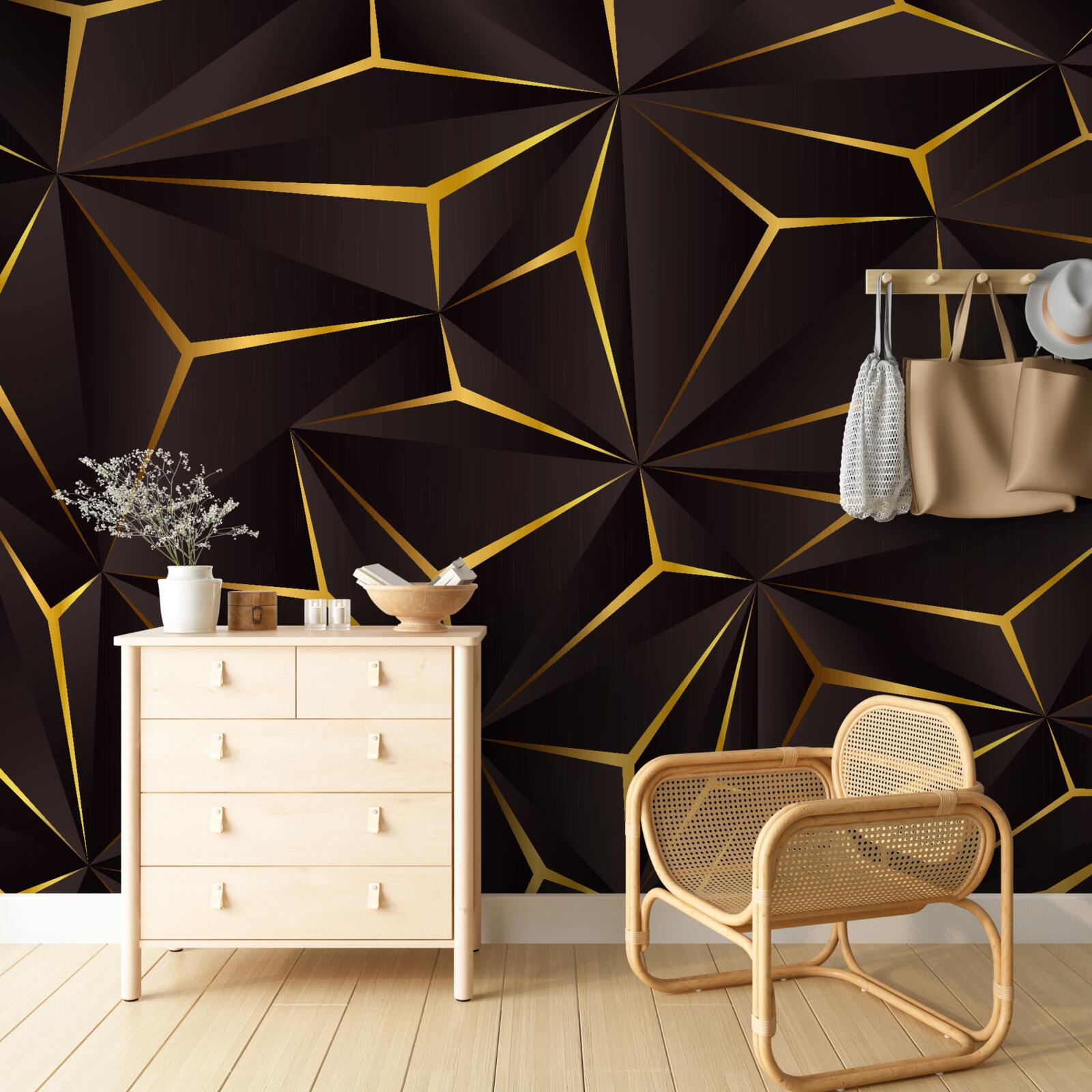 Papier peint abstraction volumétrique noir et or