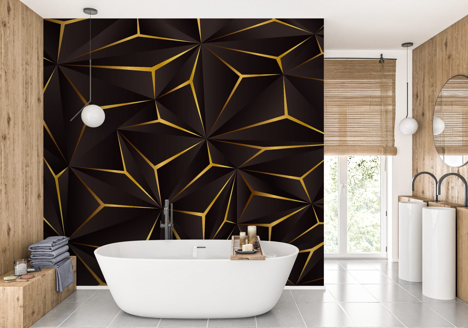 Papier peint abstraction volumétrique noir et or