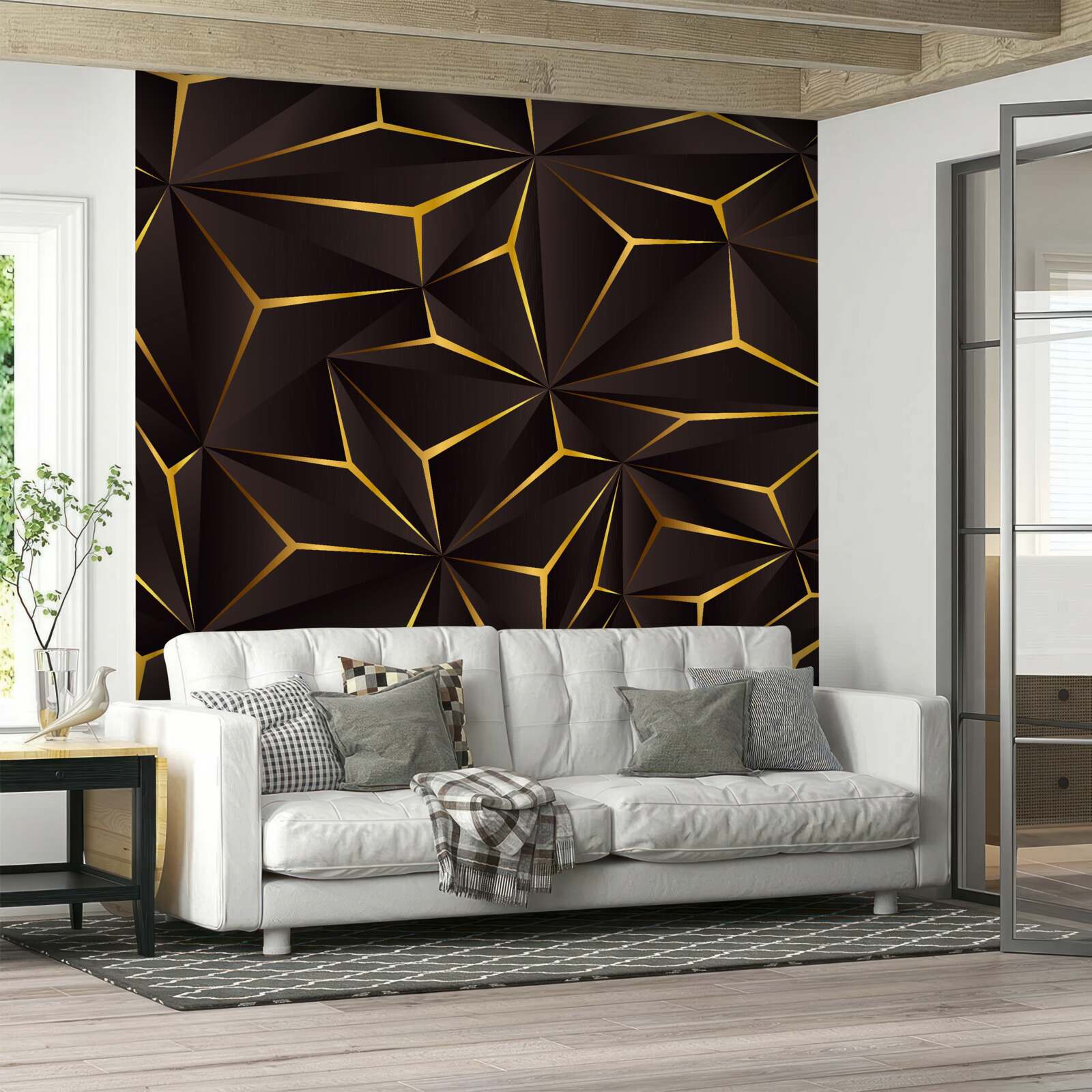 Papier peint abstraction volumétrique noir et or