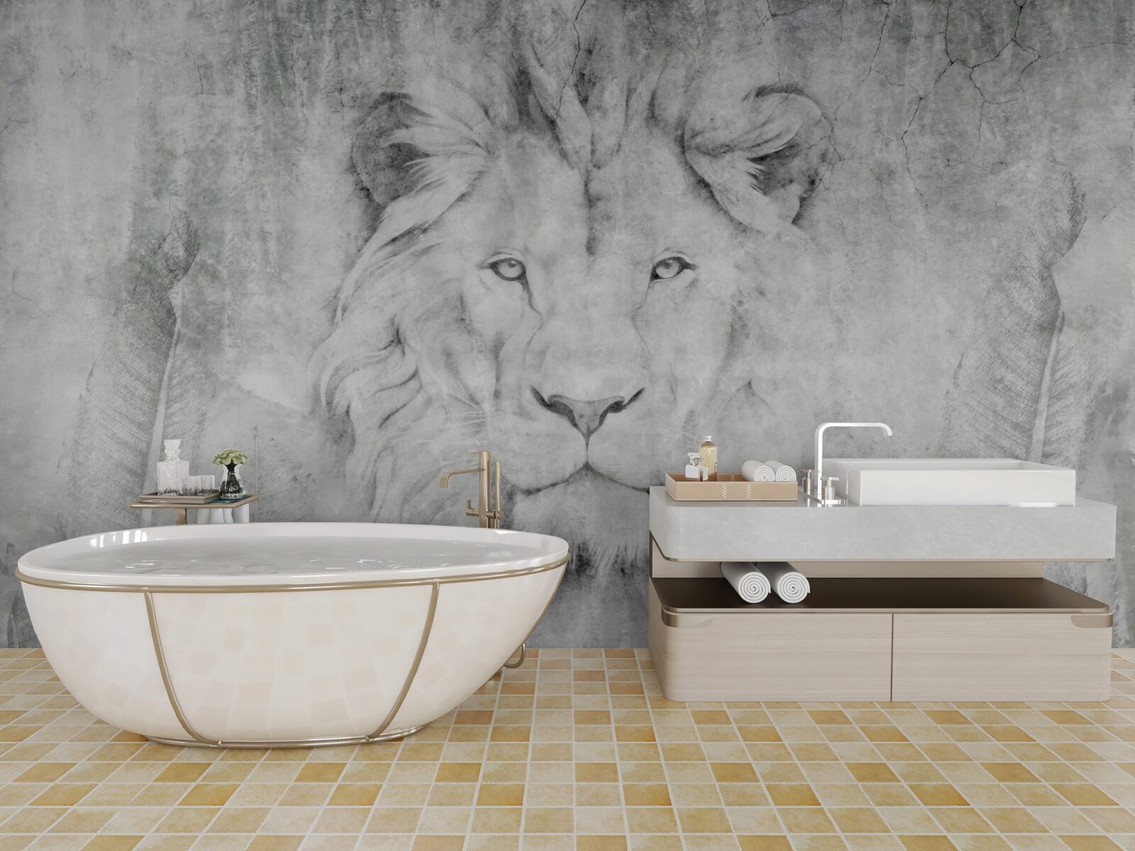 Papier peint vision d'un lion dans une région tropicale