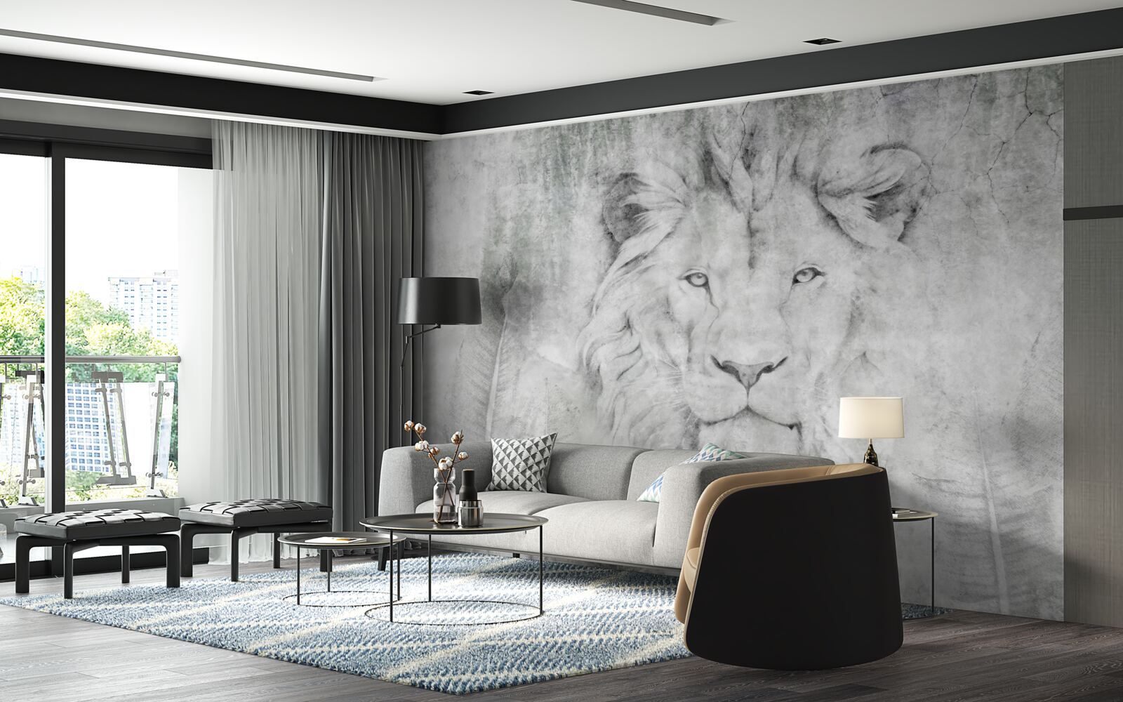 Papier peint vision d'un lion dans une région tropicale