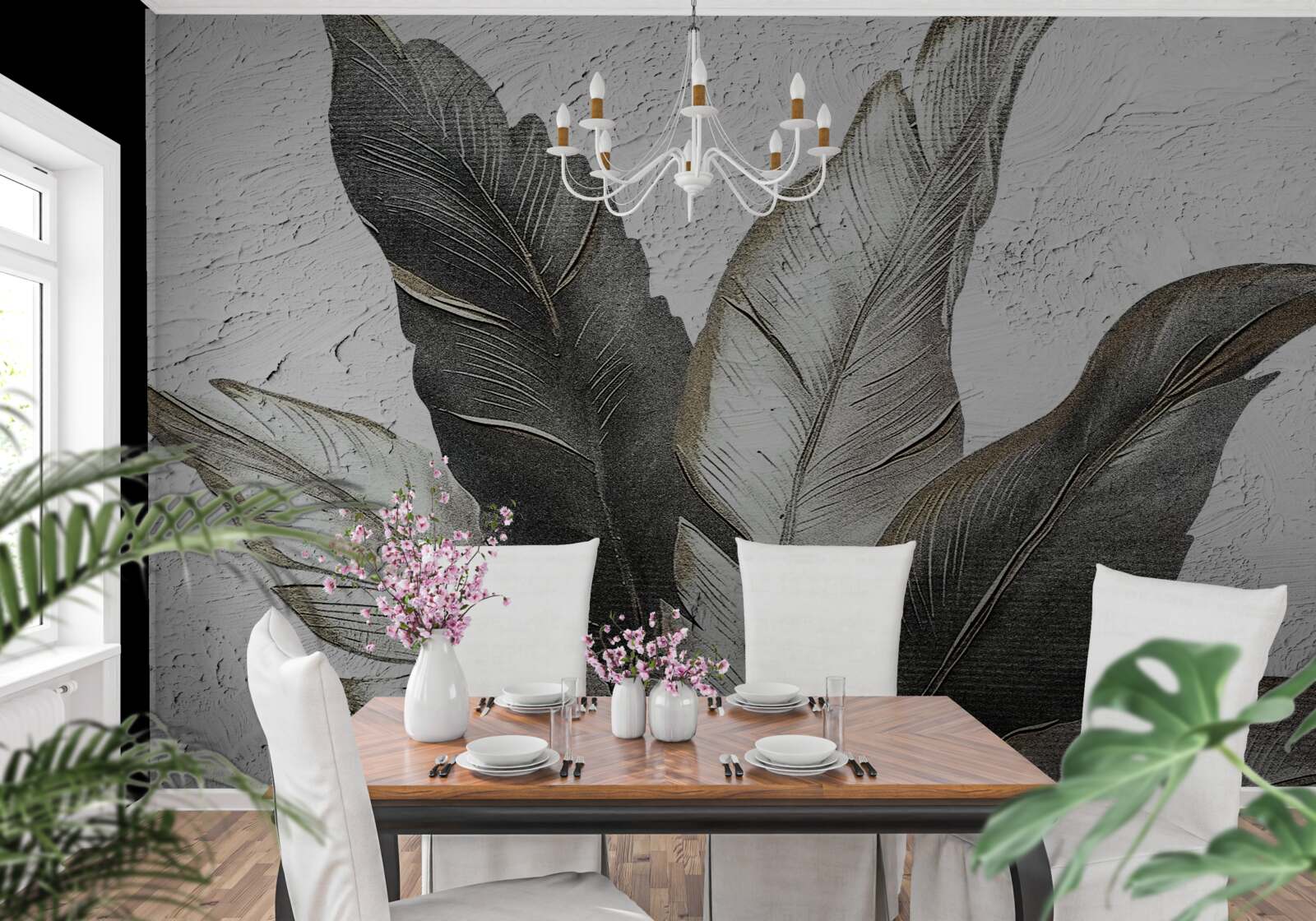 Papier peint les grandes feuilles sont vertes et blanches