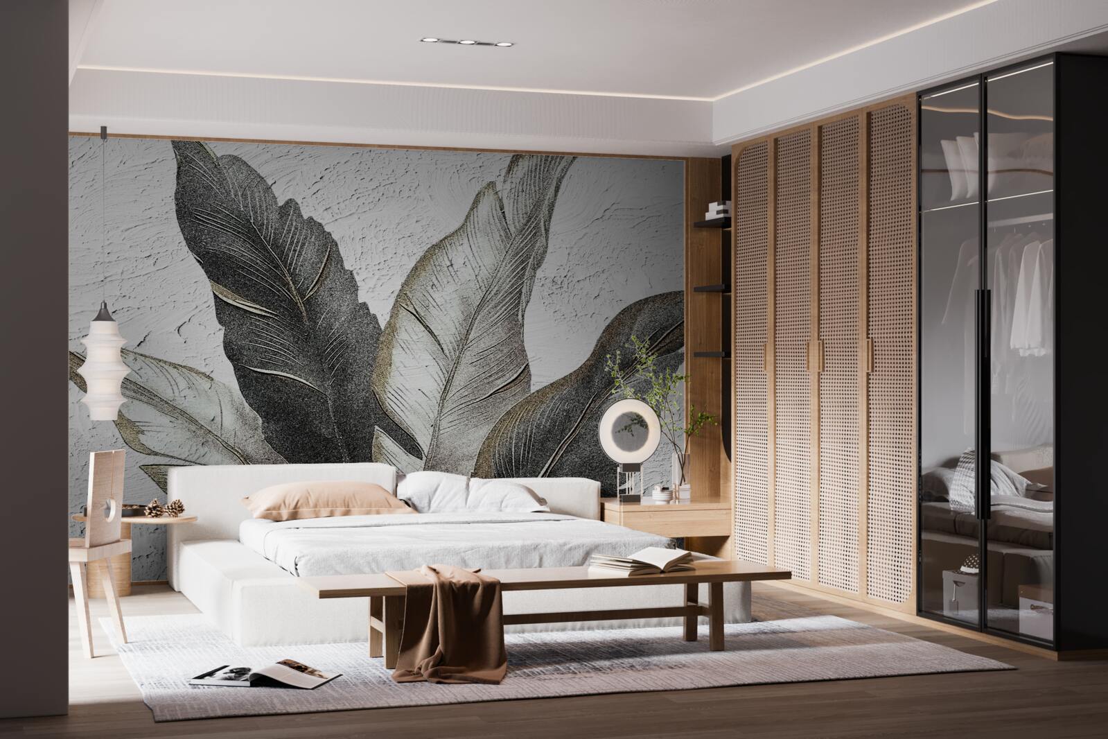 Papier peint les grandes feuilles sont vertes et blanches