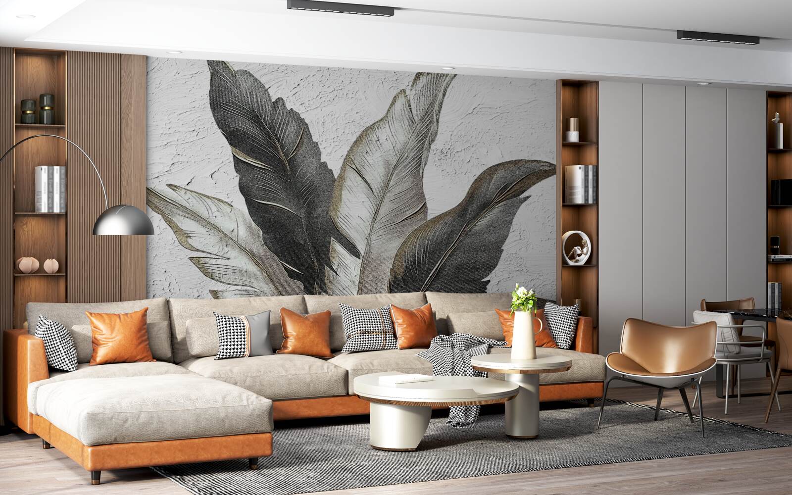 Papier peint les grandes feuilles sont vertes et blanches