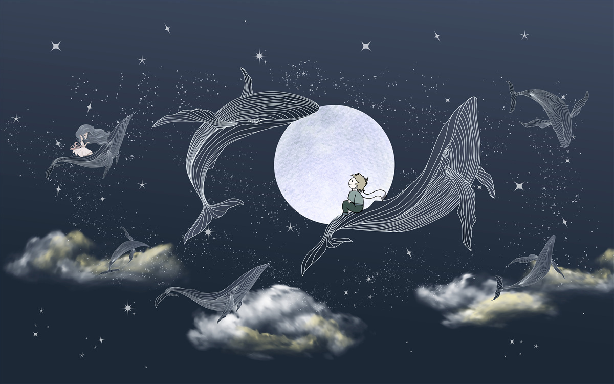 Papier peint baleines la nuit sous la lune