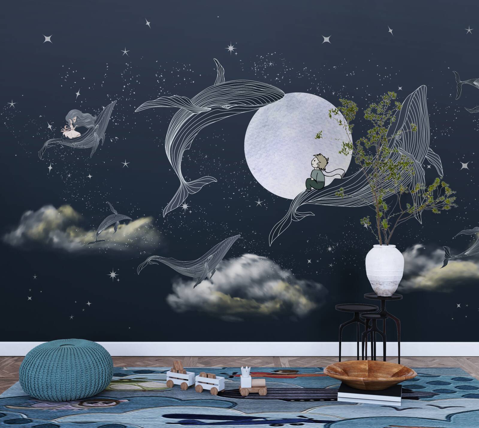 Papier peint baleines la nuit sous la lune