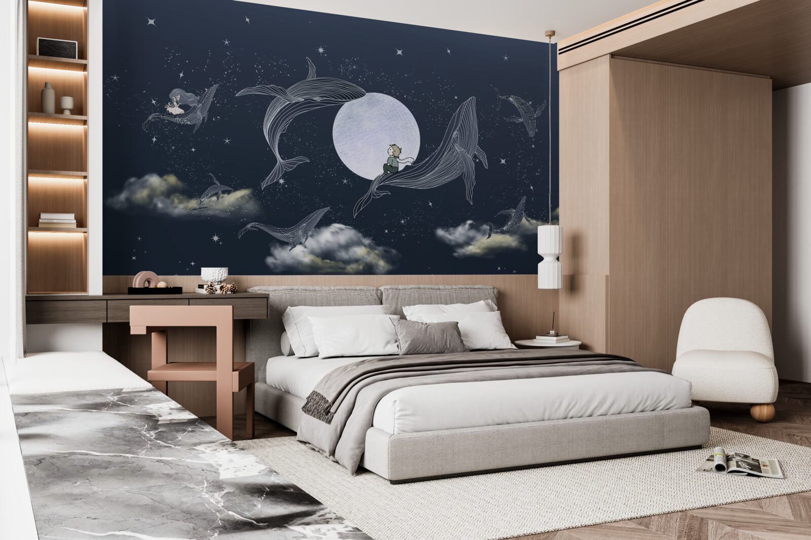 Papier peint baleines la nuit sous la lune