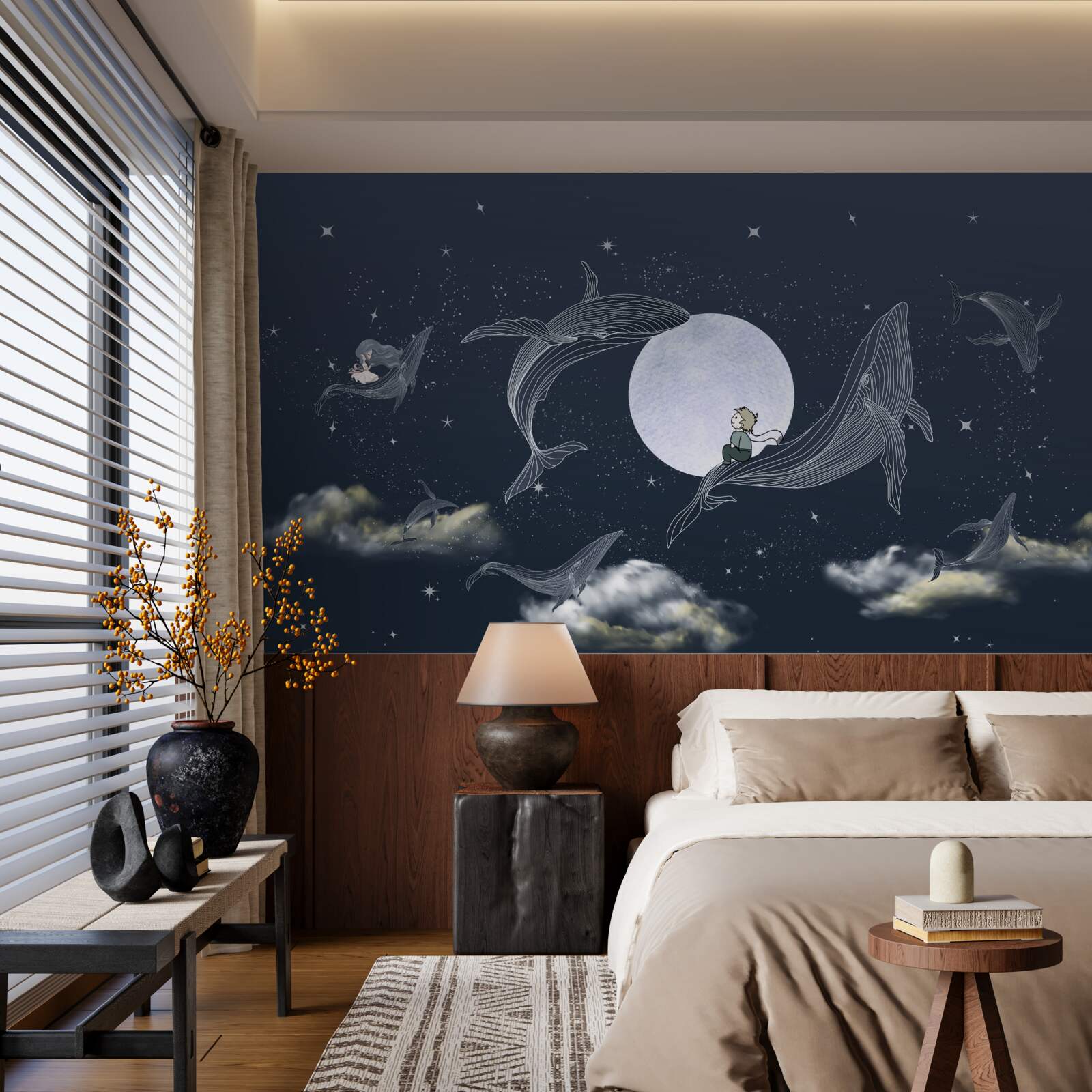Papier peint baleines la nuit sous la lune