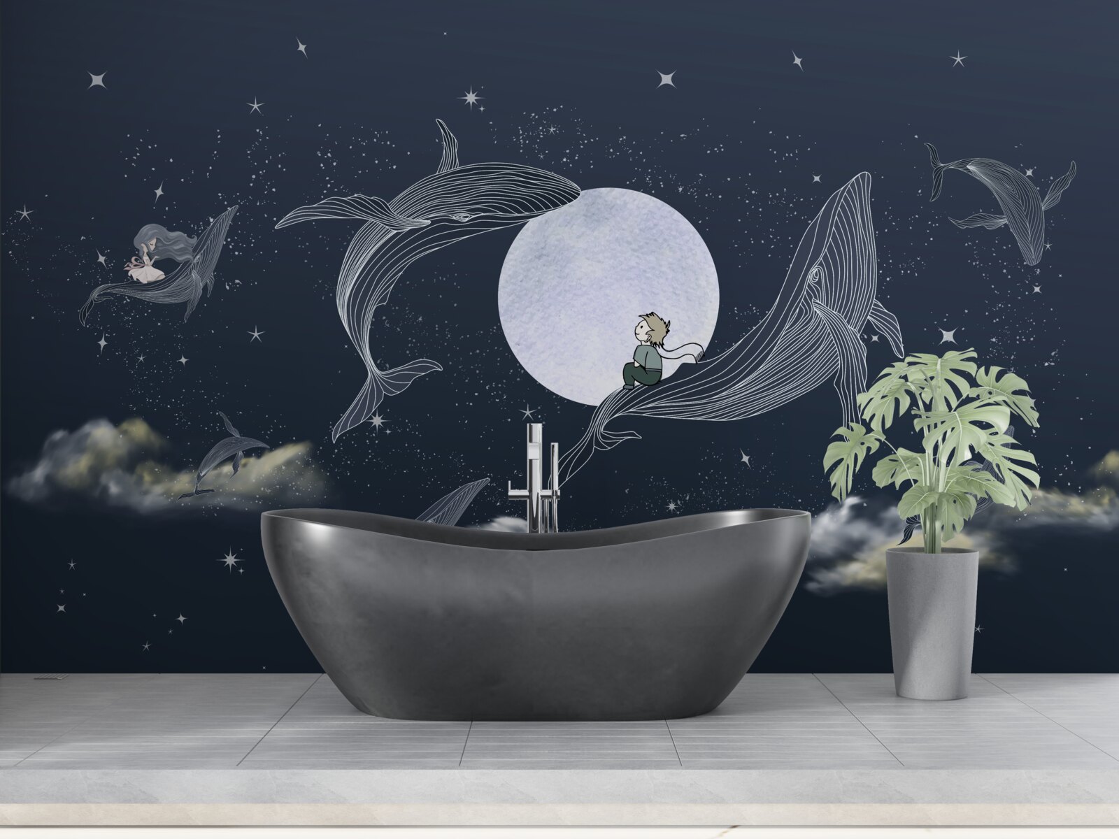 Papier peint baleines la nuit sous la lune