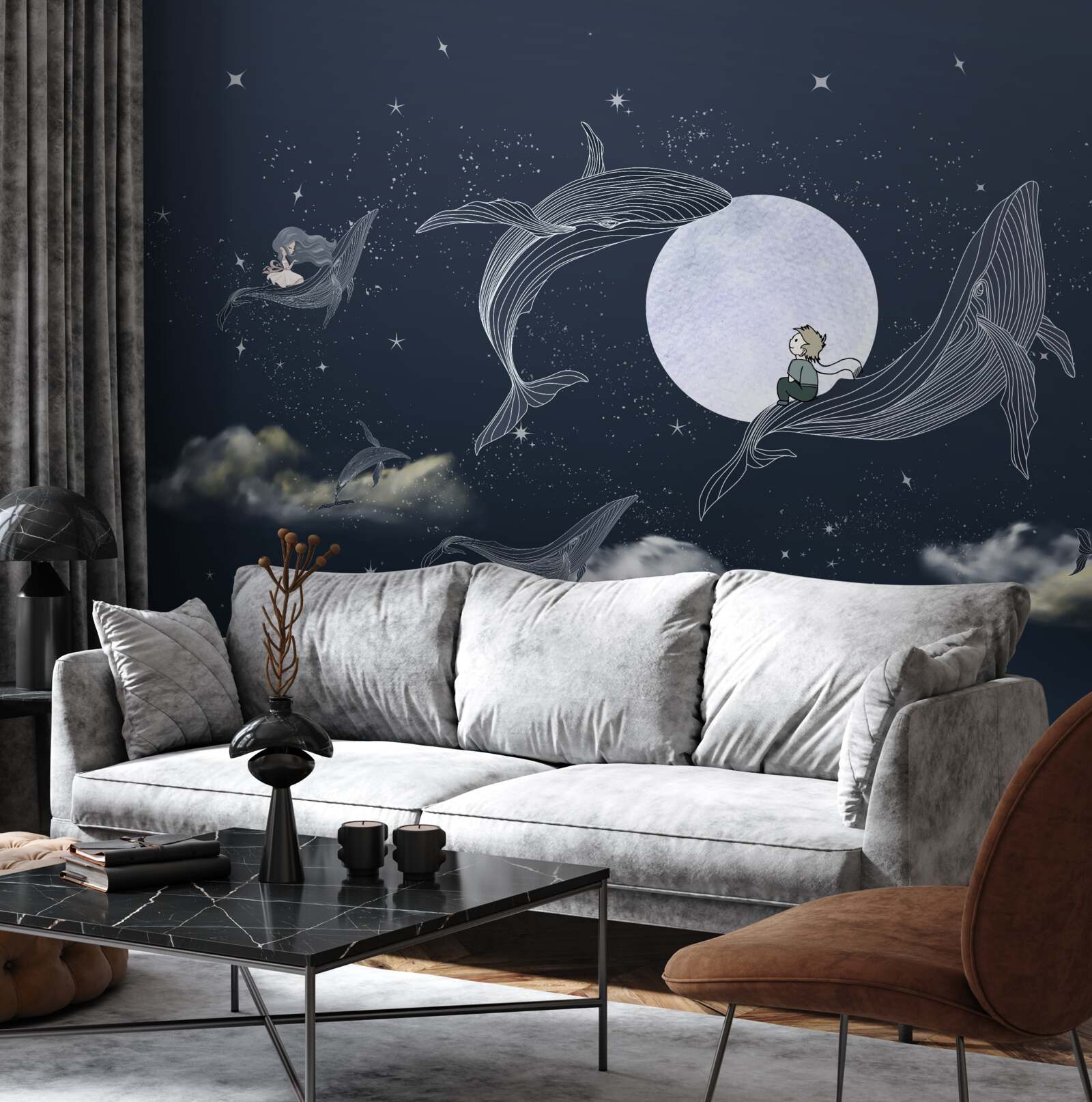 Papier peint baleines la nuit sous la lune