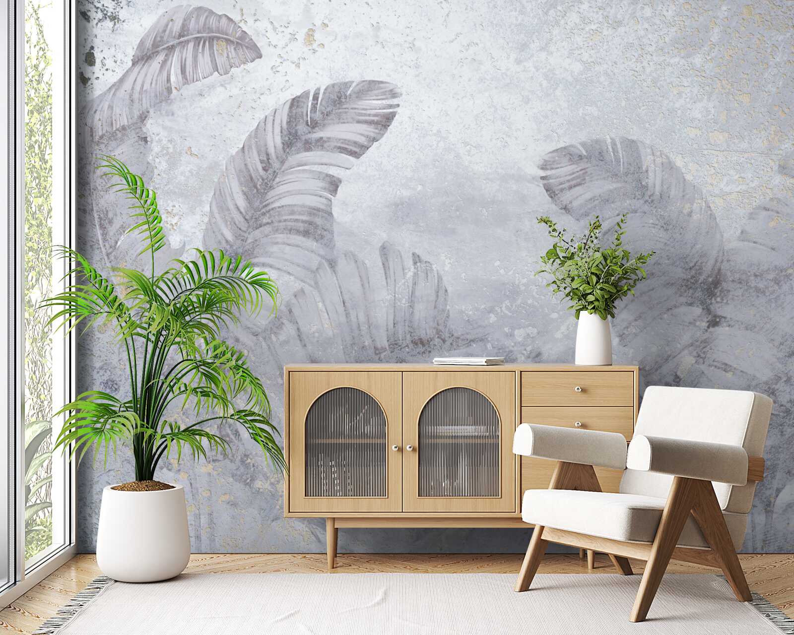 Papier peint feuilles tropicales sous la pluie battante