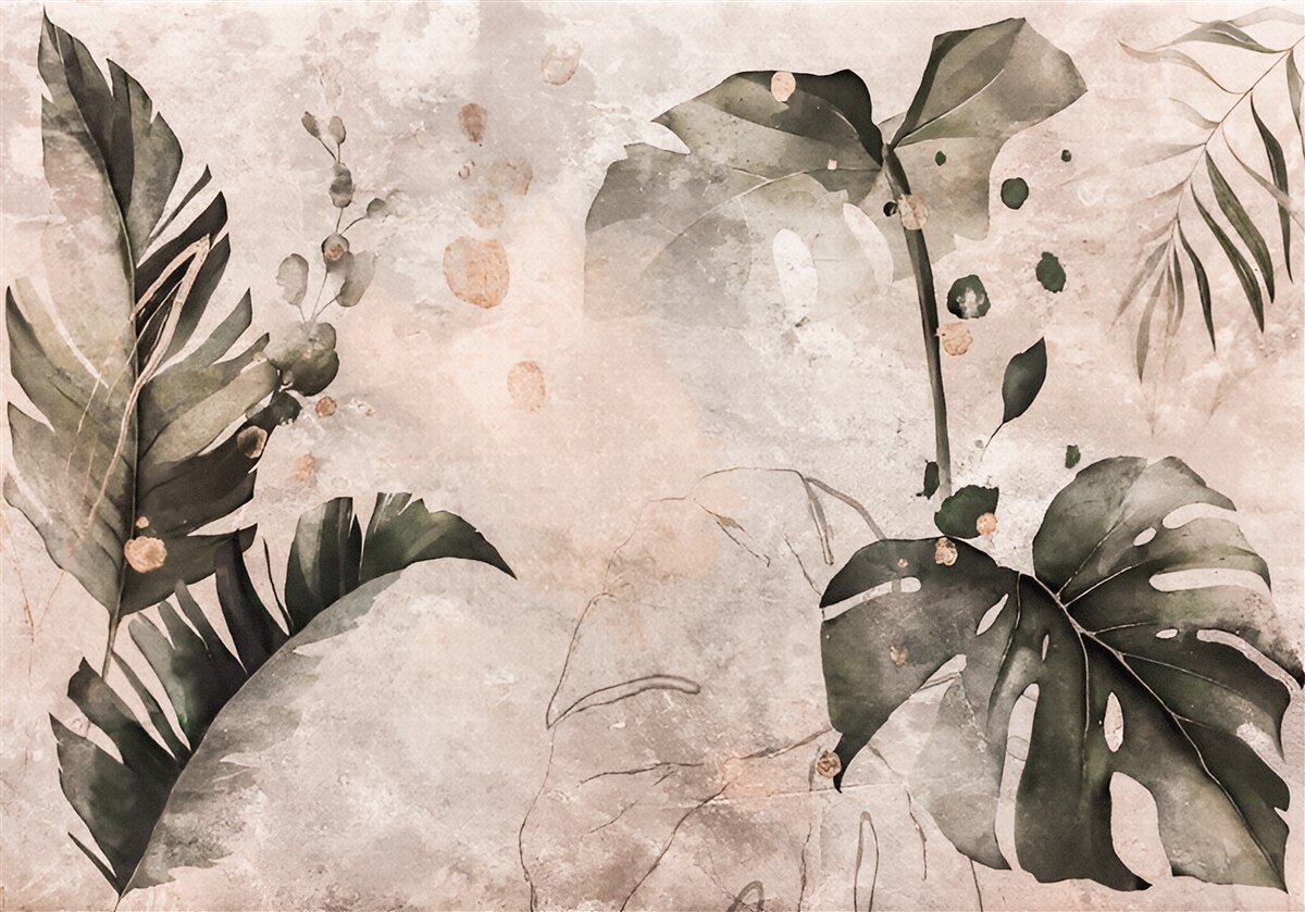 Papier peint aquarelles représentant de grandes feuilles tropicales