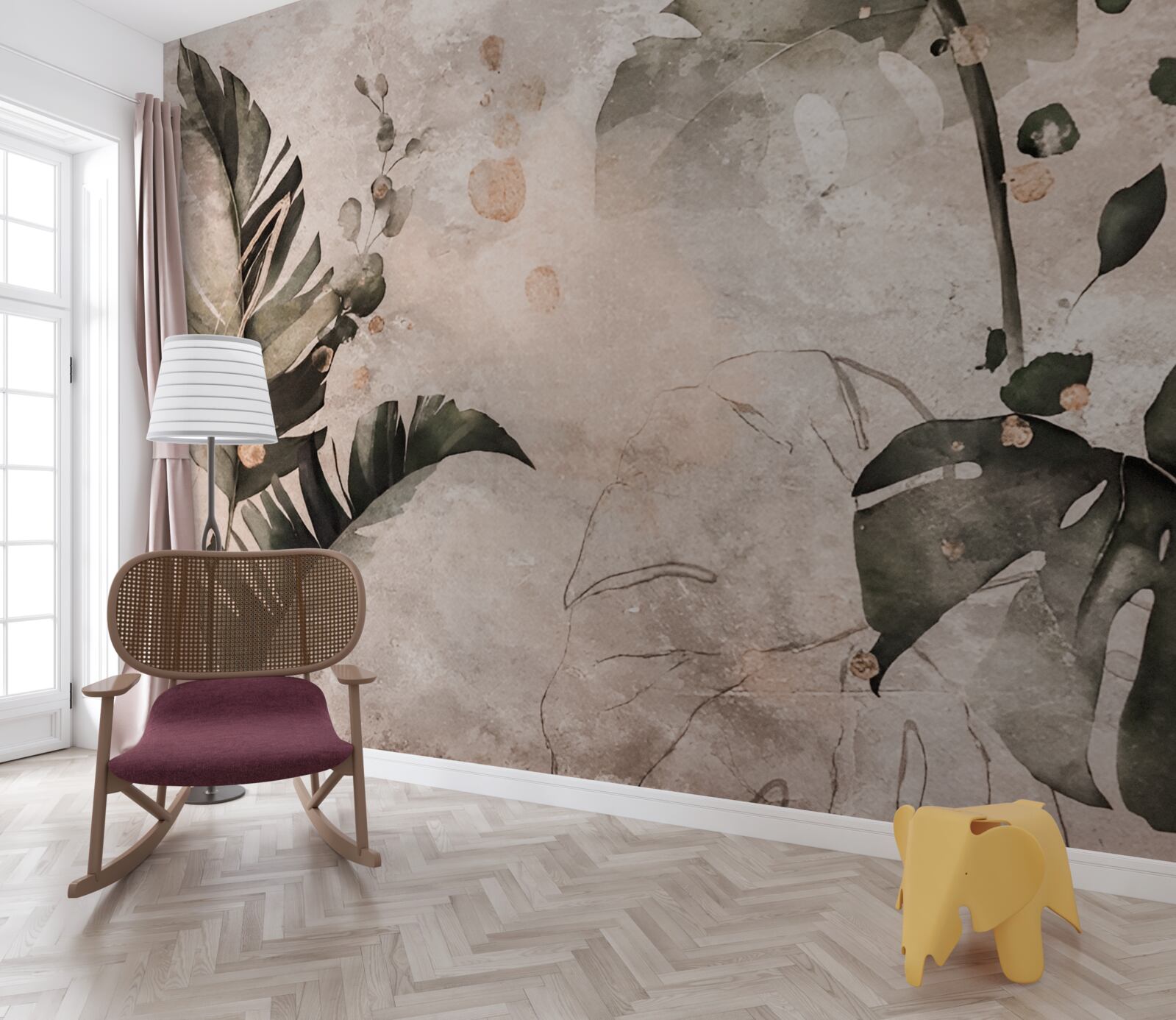 Papier peint aquarelles représentant de grandes feuilles tropicales