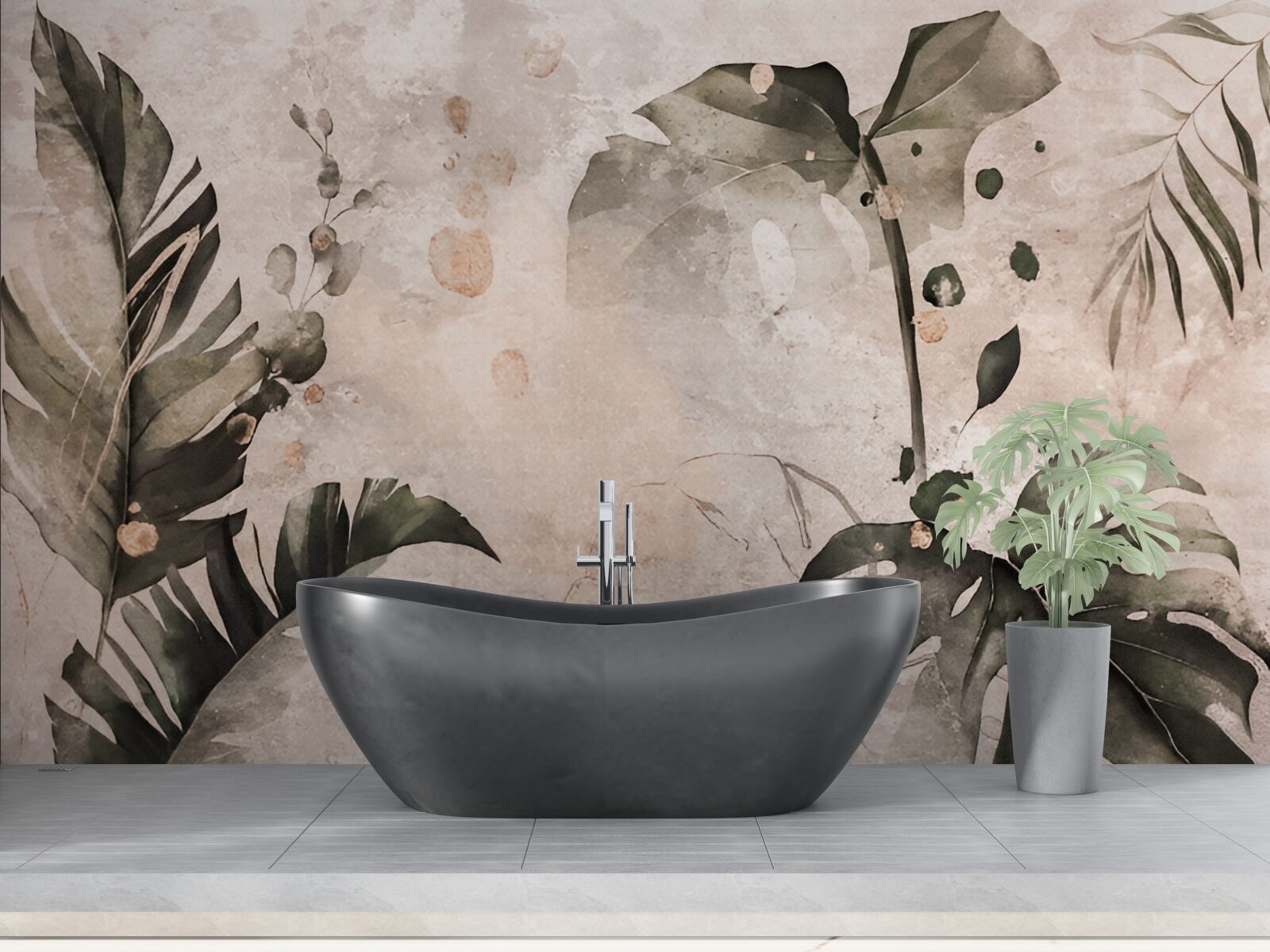 Papier peint aquarelles représentant de grandes feuilles tropicales