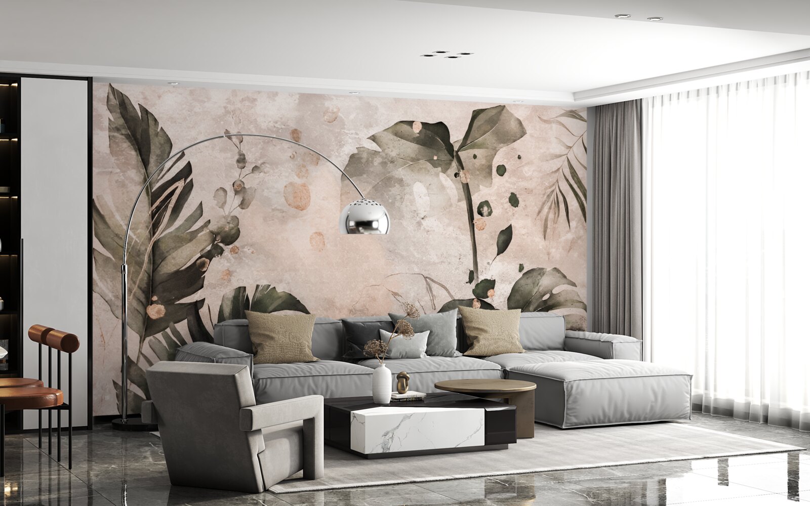 Papier peint aquarelles représentant de grandes feuilles tropicales