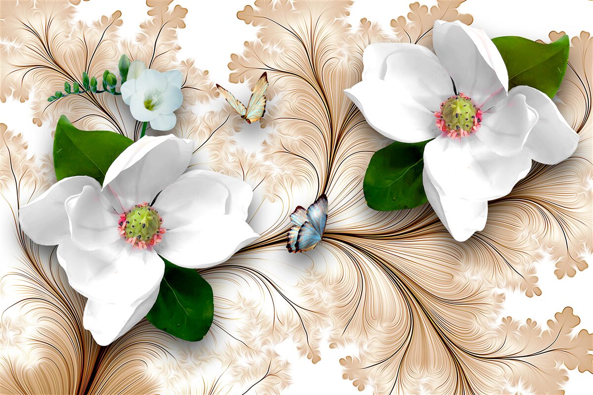 Papier peint fleurs blanches sur fond marron