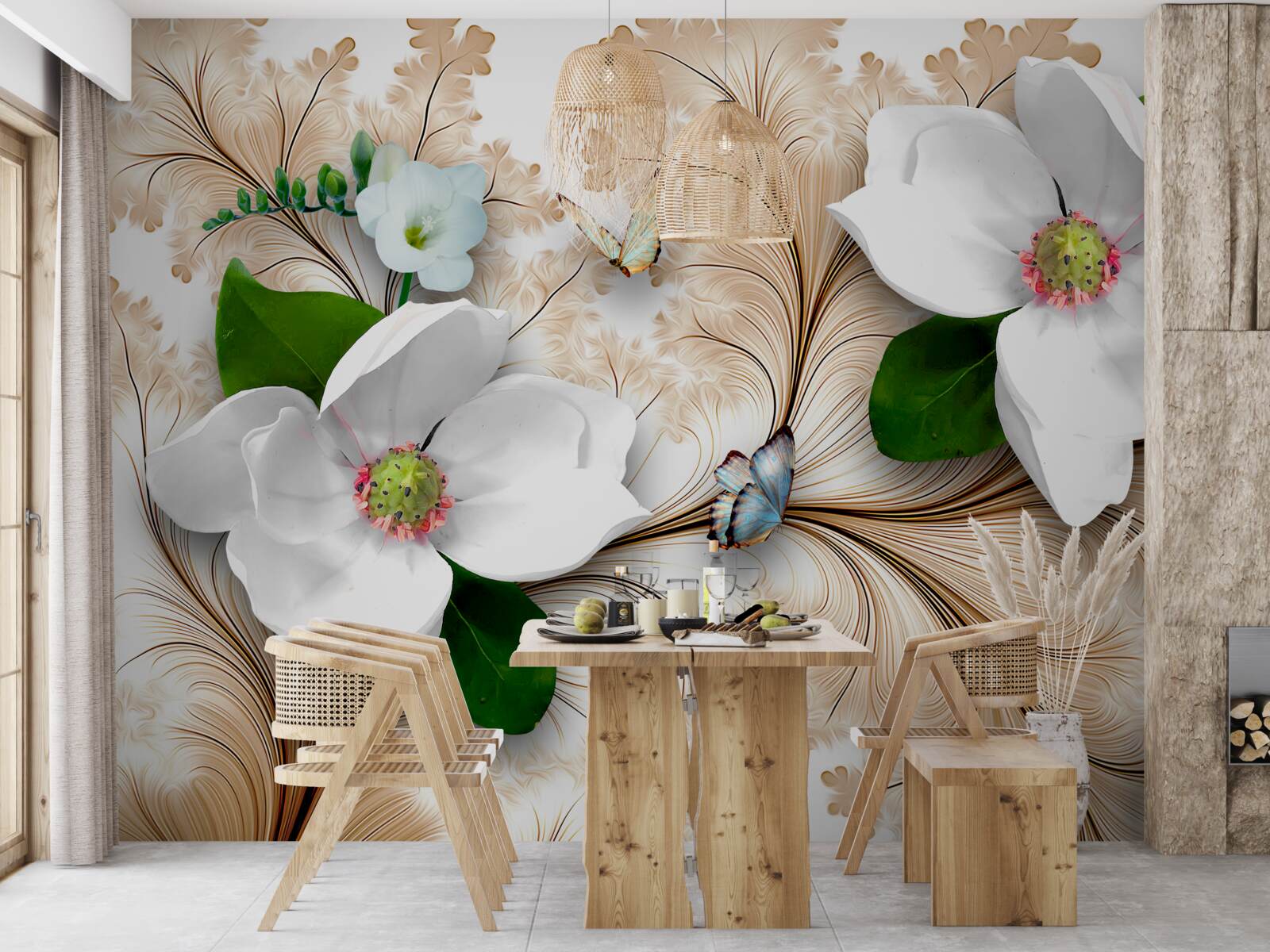 Papier peint fleurs blanches sur fond marron