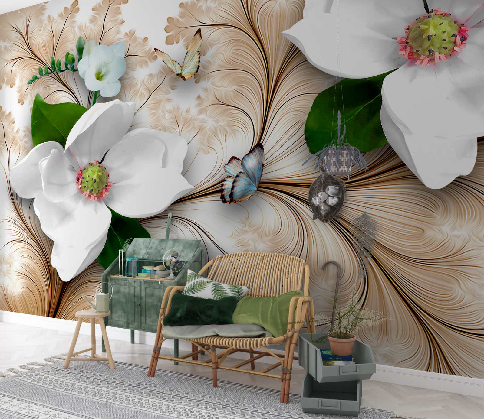 Papier peint fleurs blanches sur fond marron