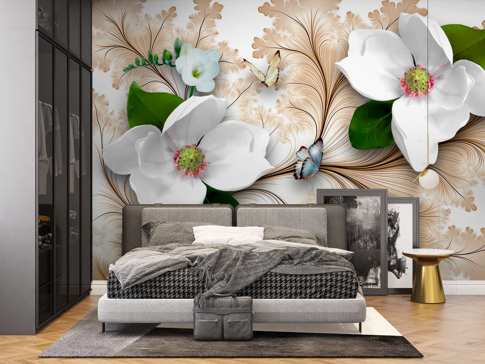 Papier peint fleurs blanches sur fond marron