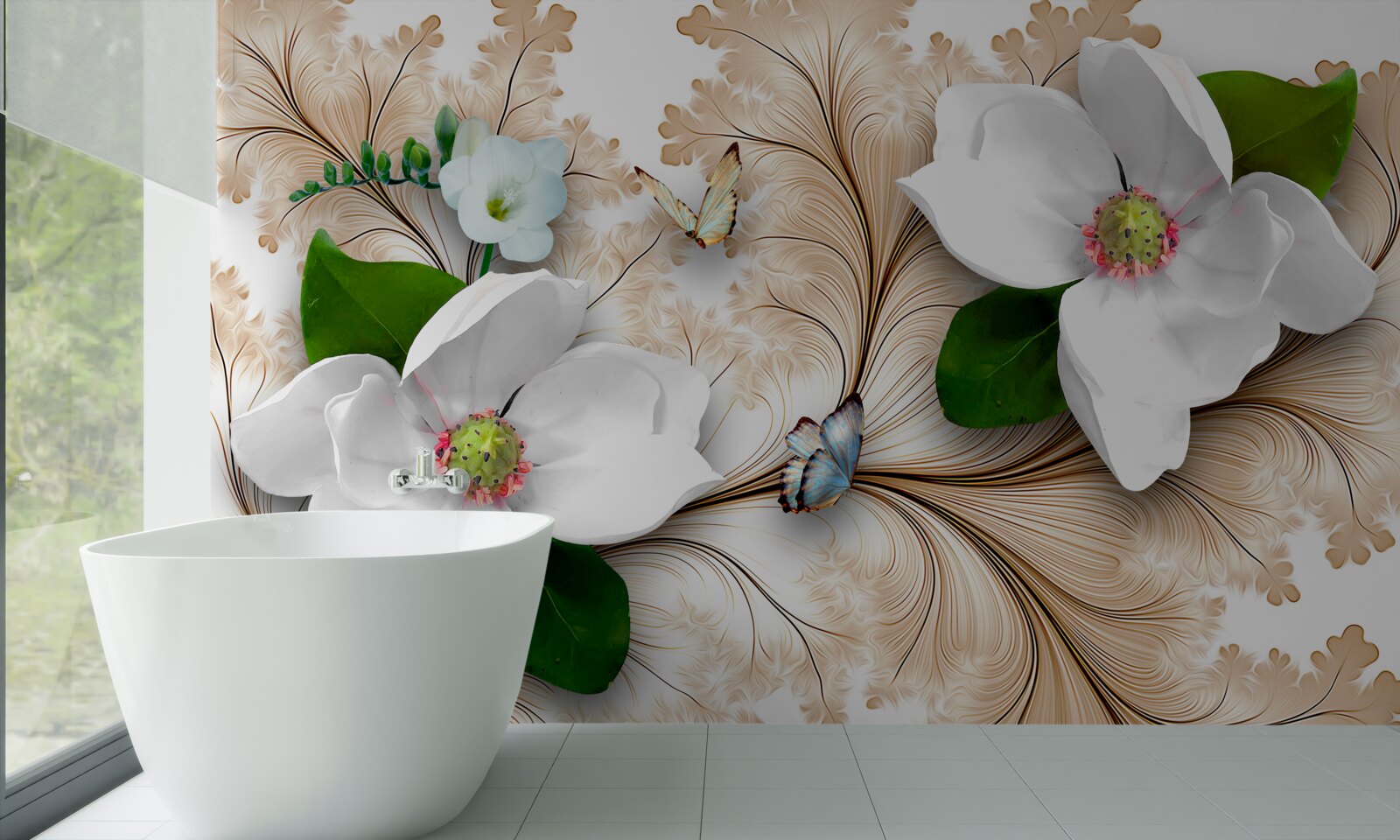 Papier peint fleurs blanches sur fond marron