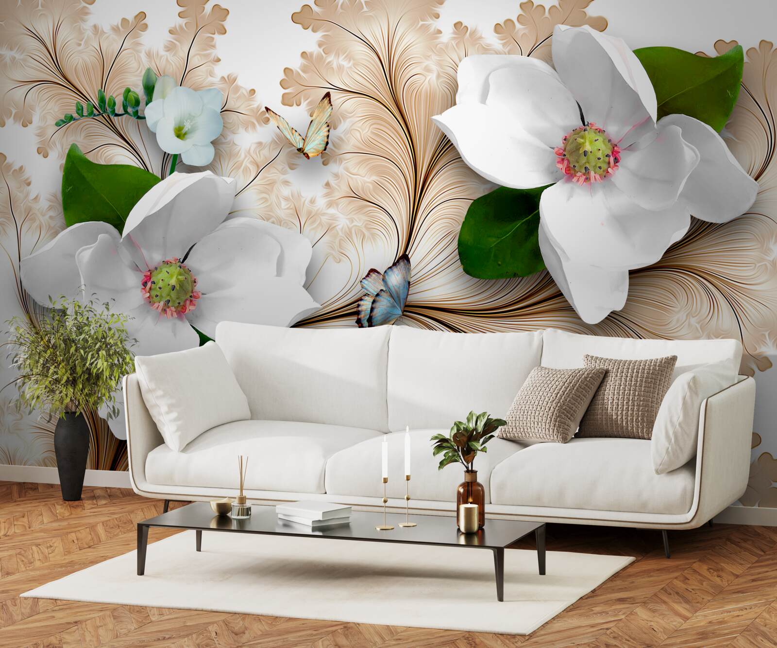 Papier peint fleurs blanches sur fond marron