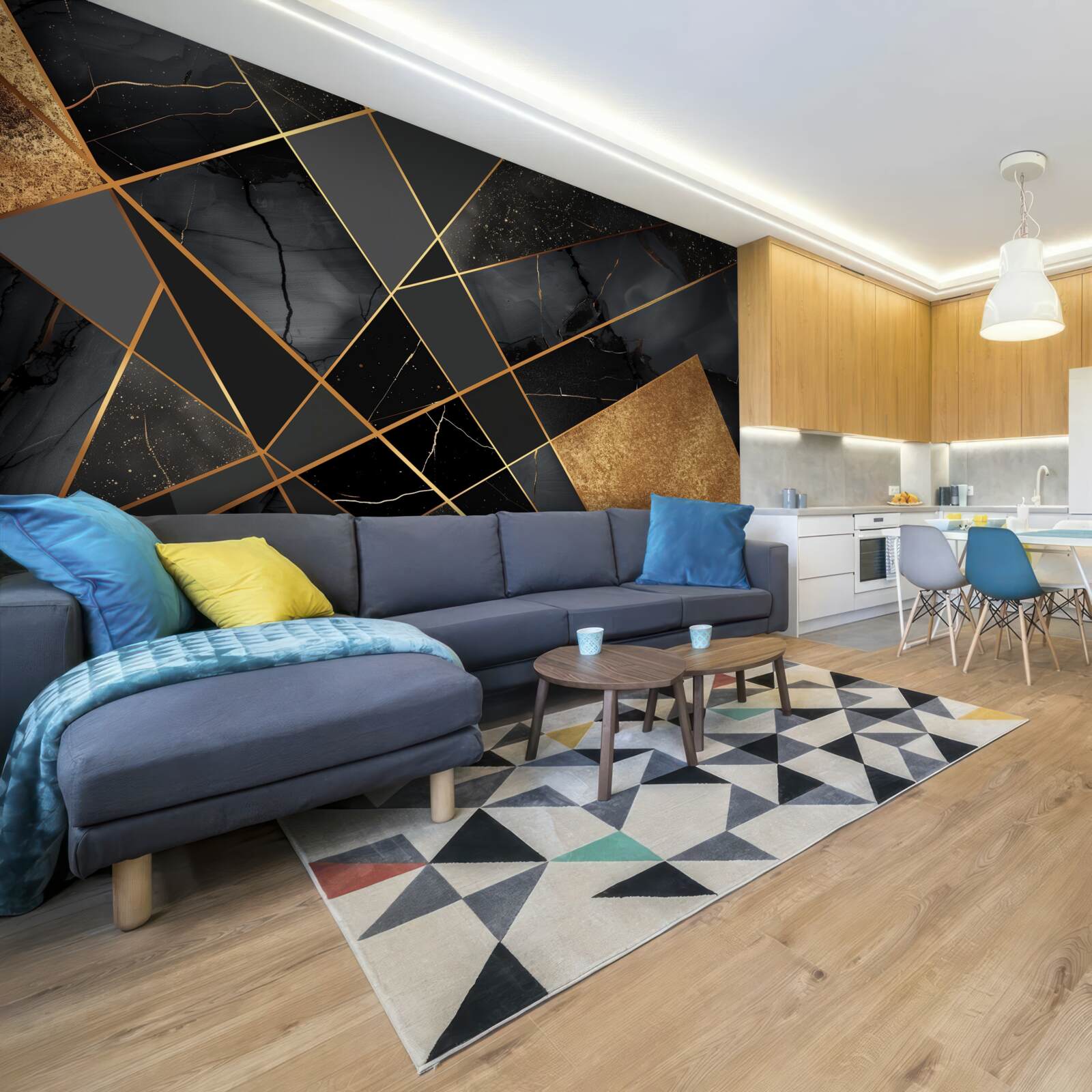 Papier peint marbre noir veiné d'or