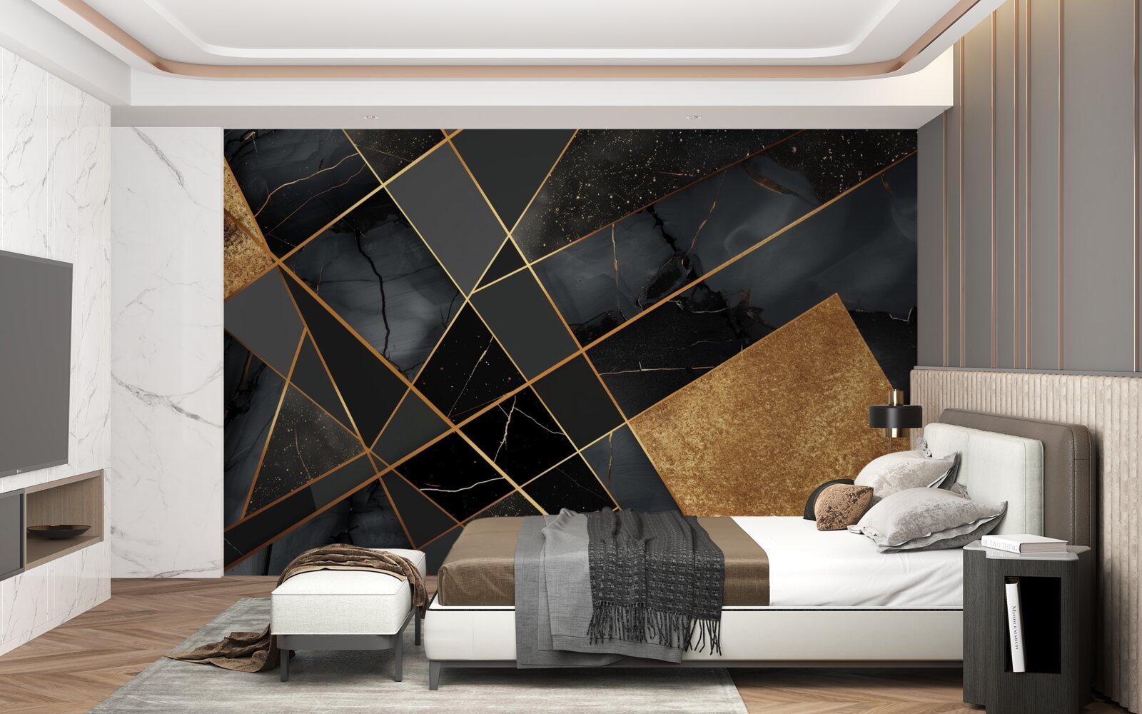 Papier peint marbre noir veiné d'or