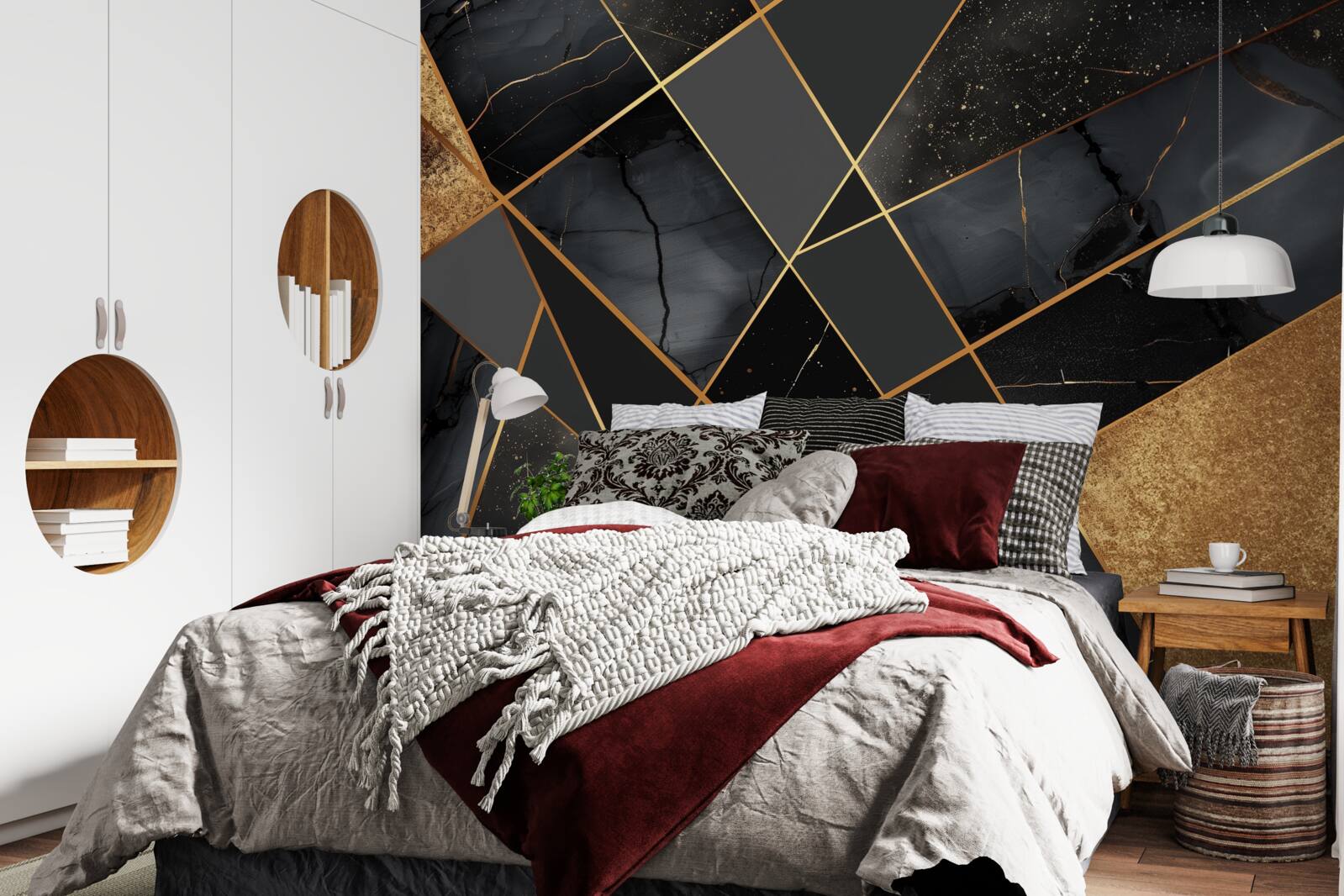 Papier peint marbre noir veiné d'or