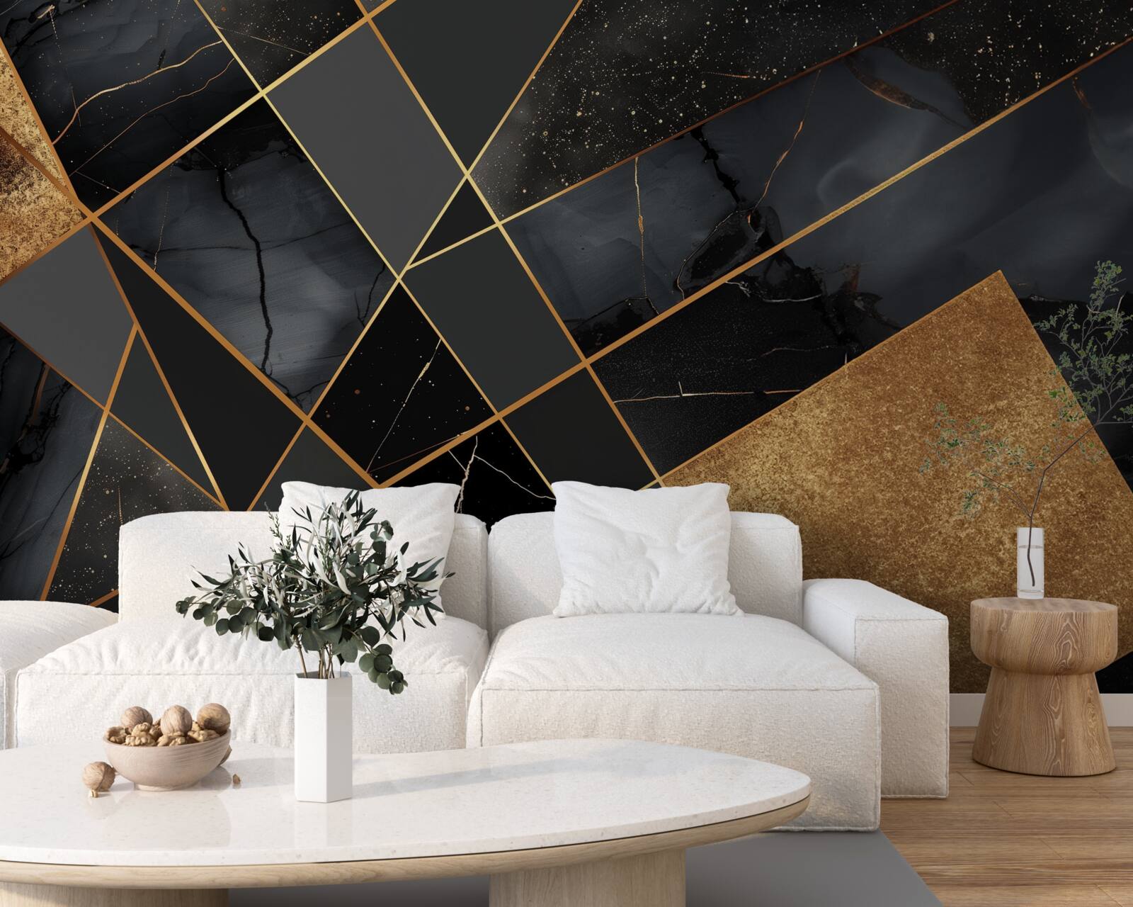 Papier peint marbre noir veiné d'or