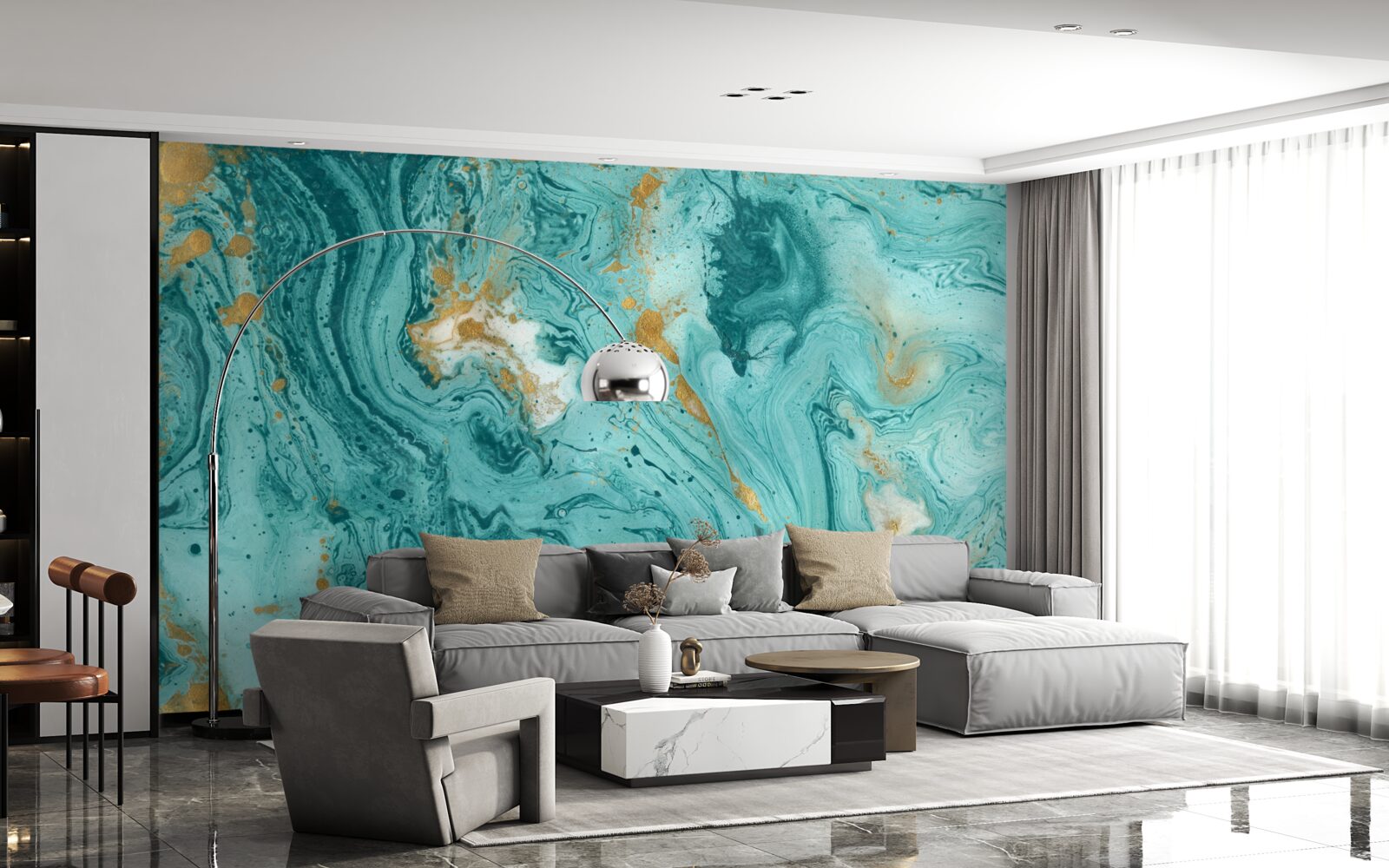 Papier peint motifs bleu clair sur marbre