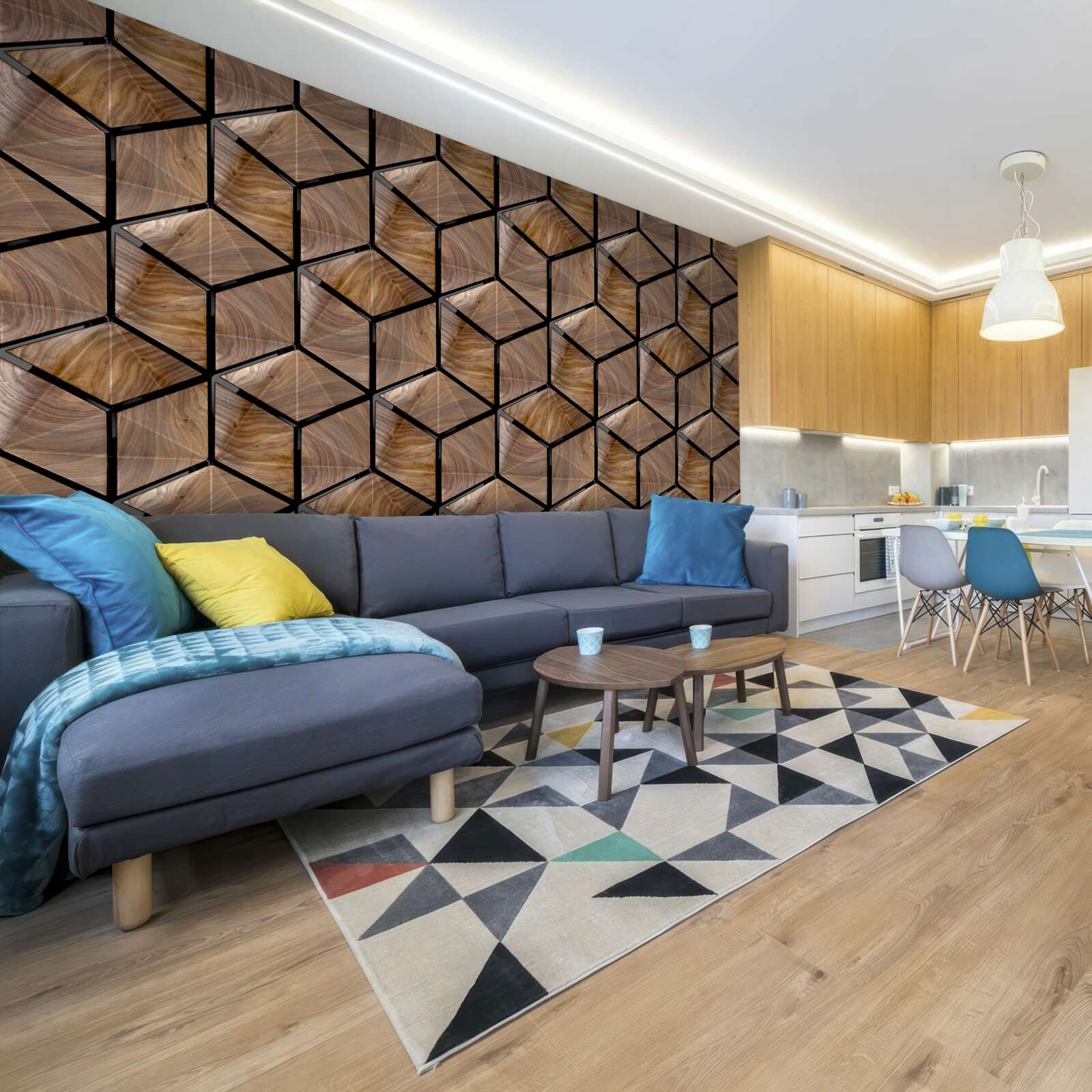 Papier peint motifs de formes géométriques sur le parquet