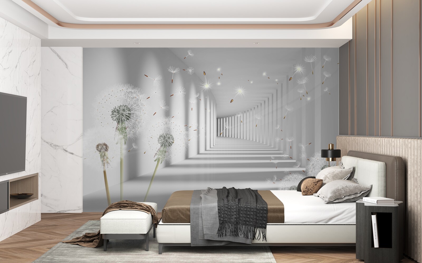 Papier peint des pétales de pissenlit sont apportés dans le tunnel