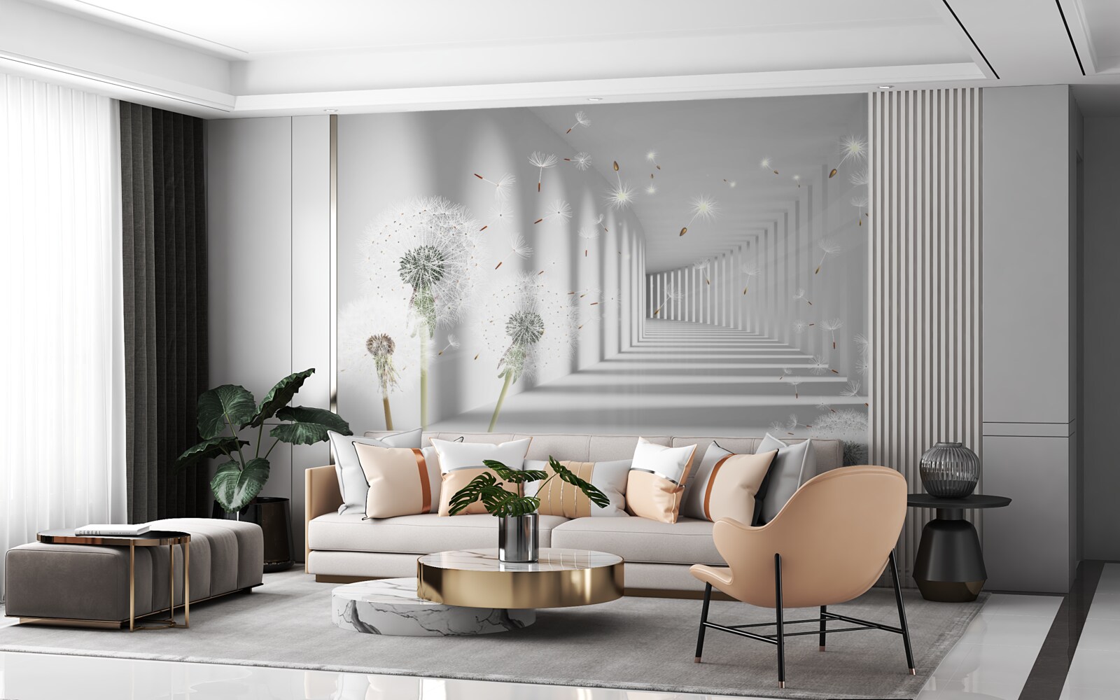 Papier peint des pétales de pissenlit sont apportés dans le tunnel