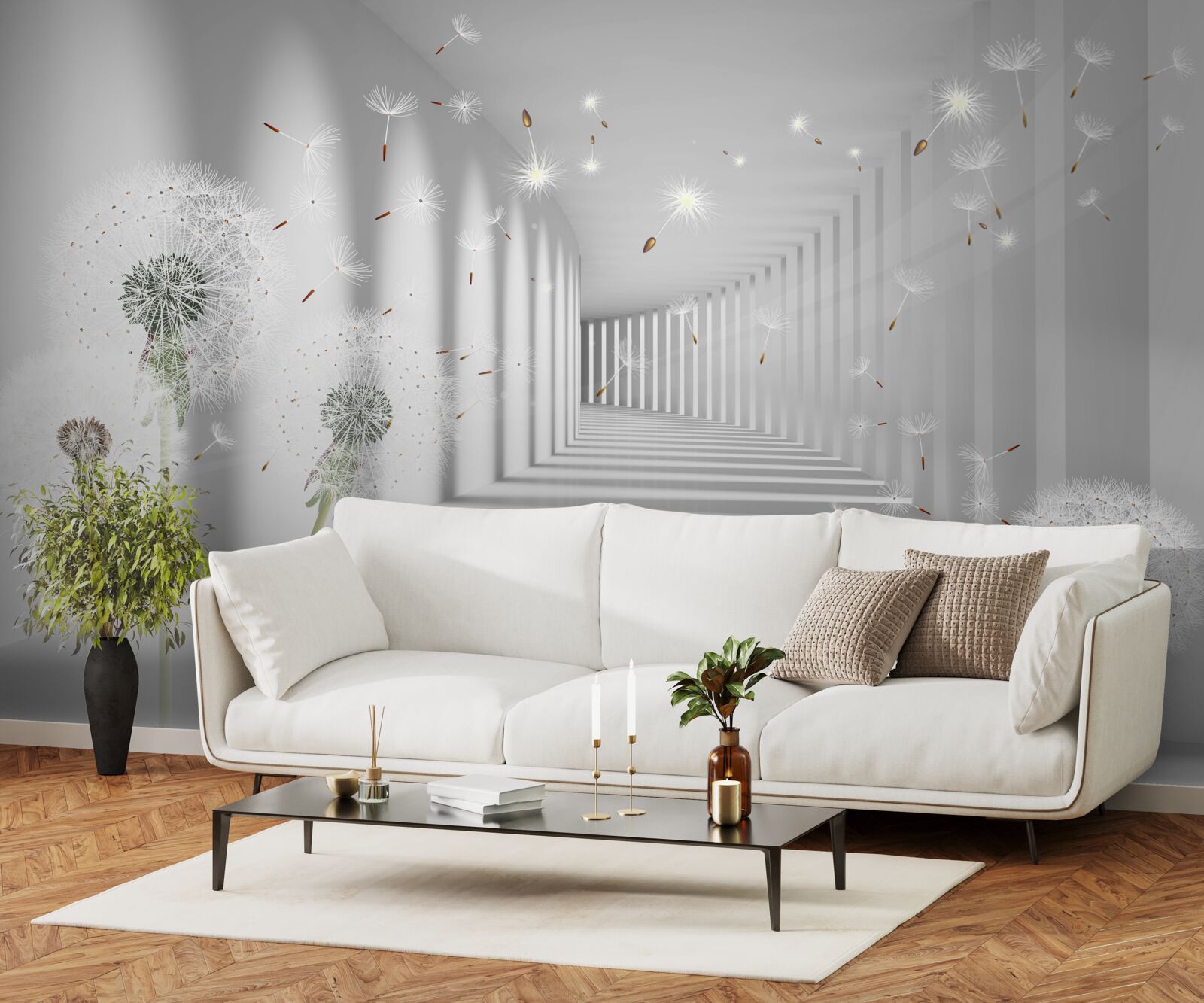 Papier peint des pétales de pissenlit sont apportés dans le tunnel