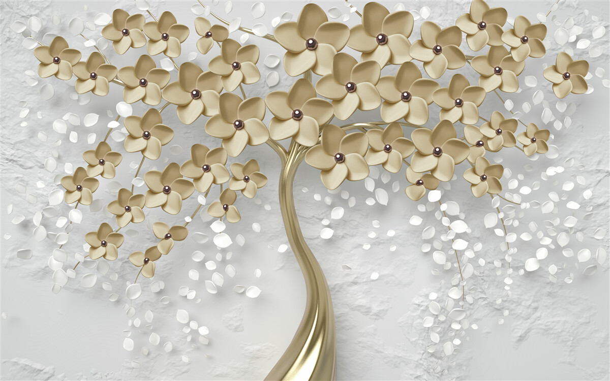 Papier peint arbre parsemé de fleurs dorées