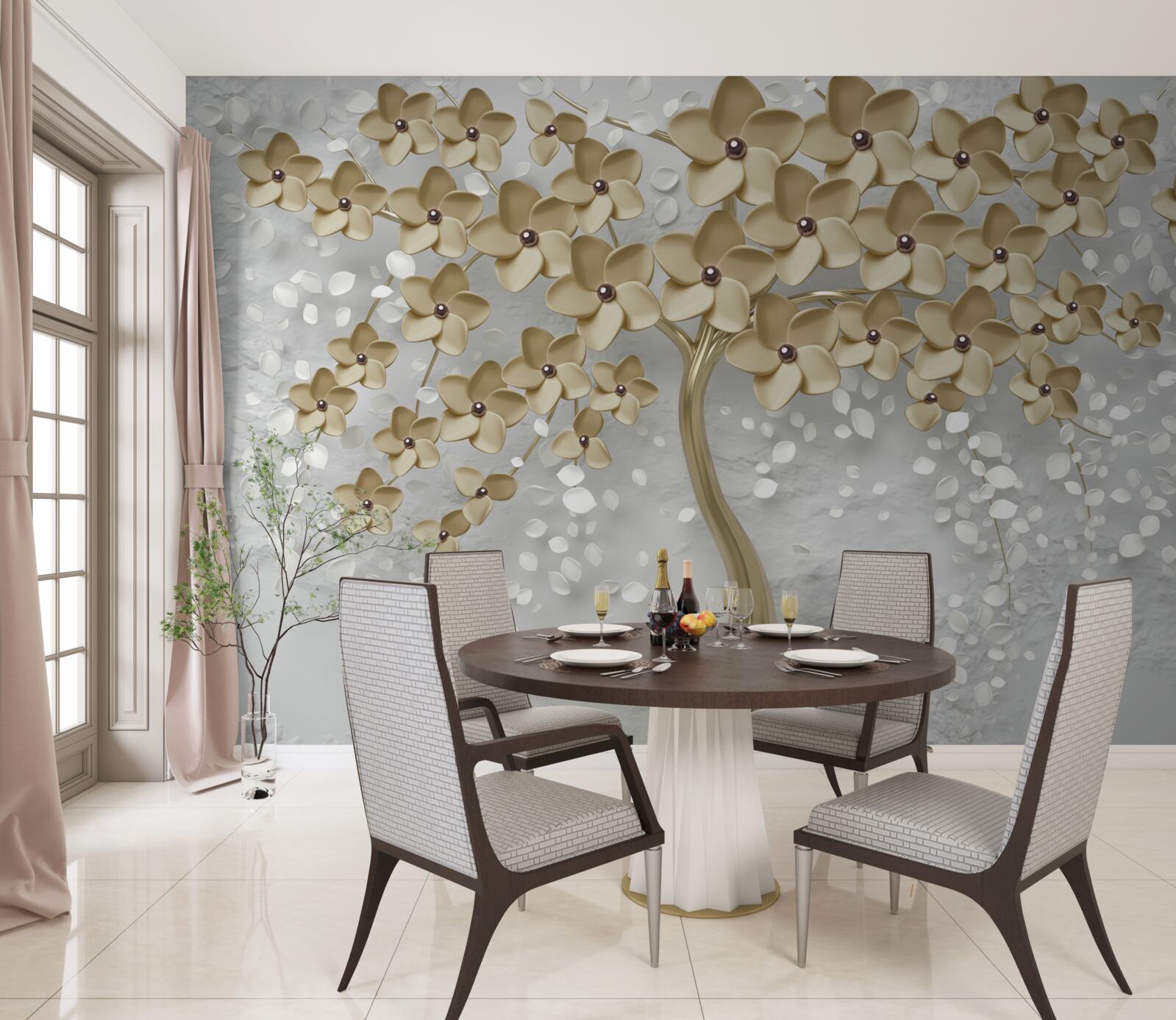 Papier peint arbre parsemé de fleurs dorées