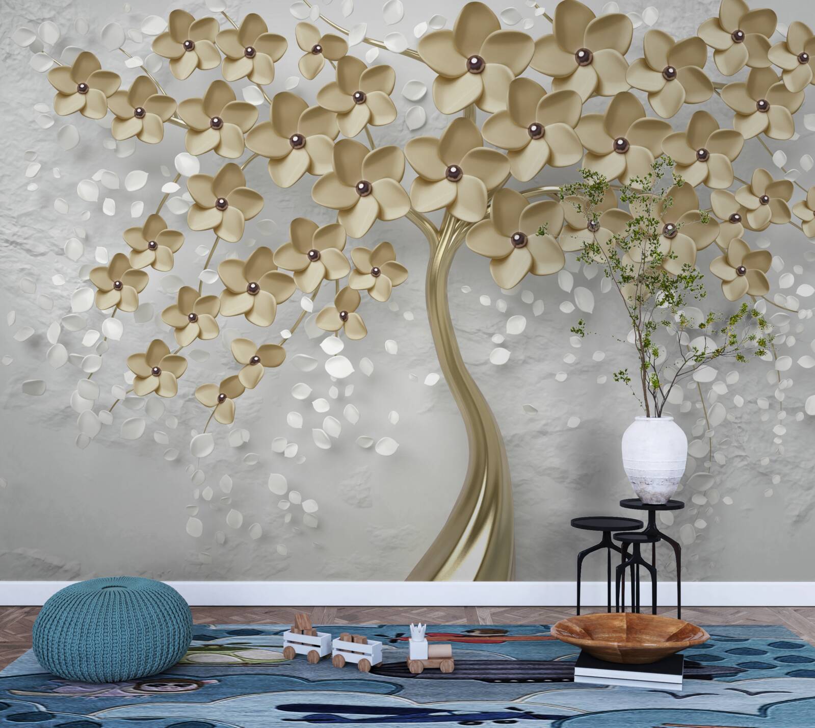 Papier peint arbre parsemé de fleurs dorées