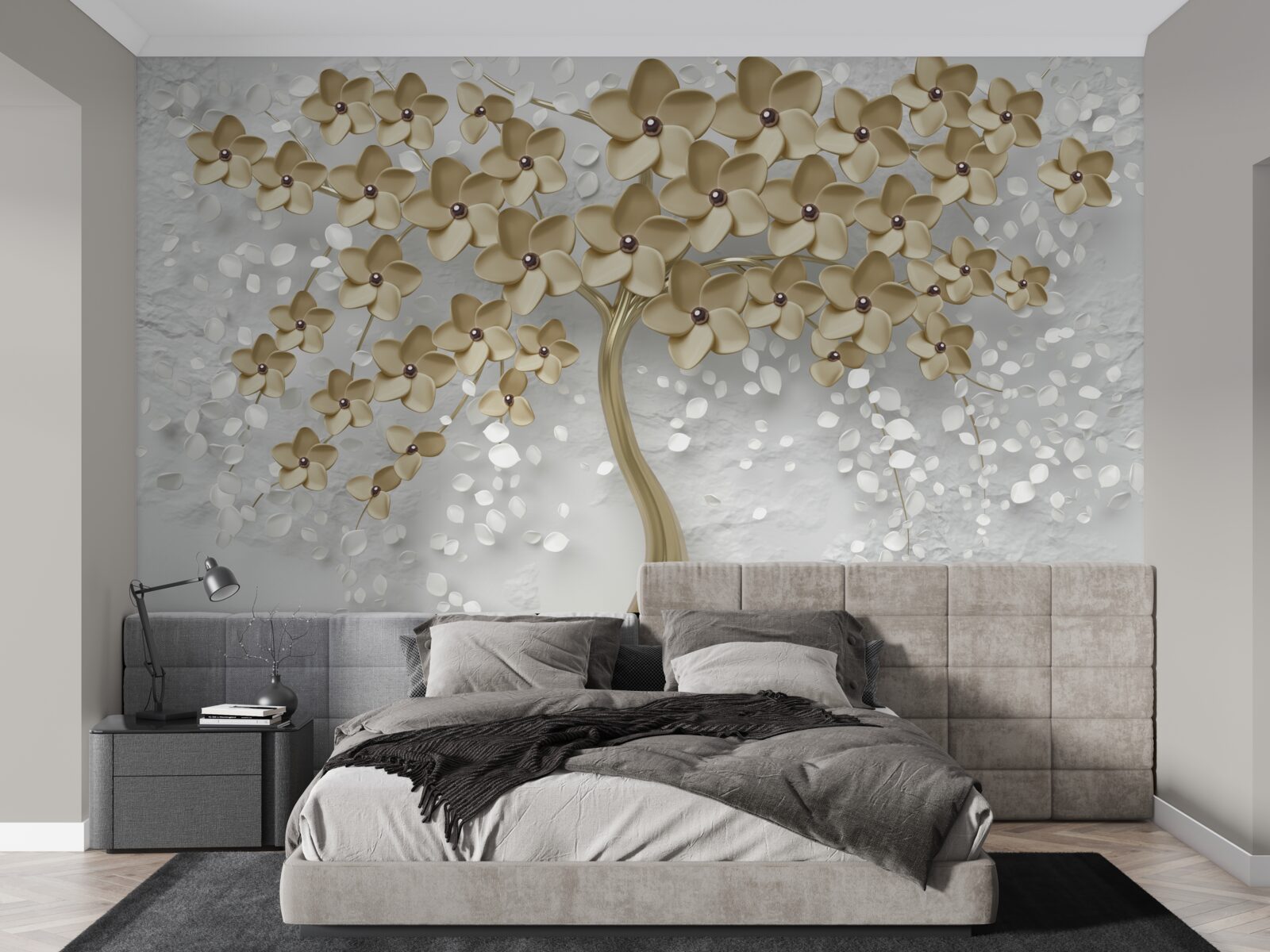 Papier peint arbre parsemé de fleurs dorées