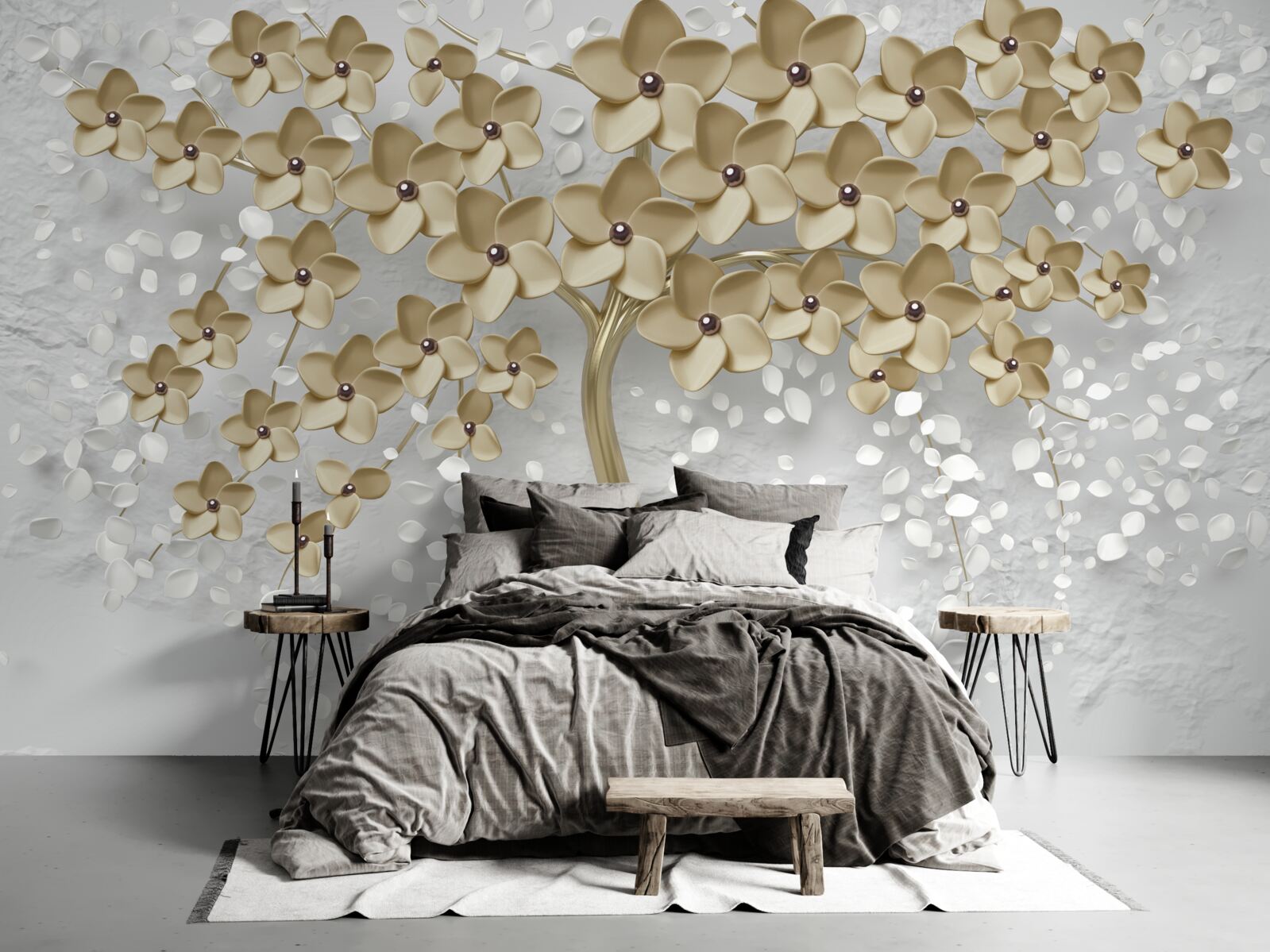 Papier peint arbre parsemé de fleurs dorées