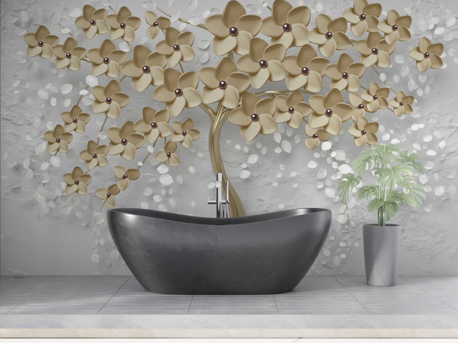 Papier peint arbre parsemé de fleurs dorées