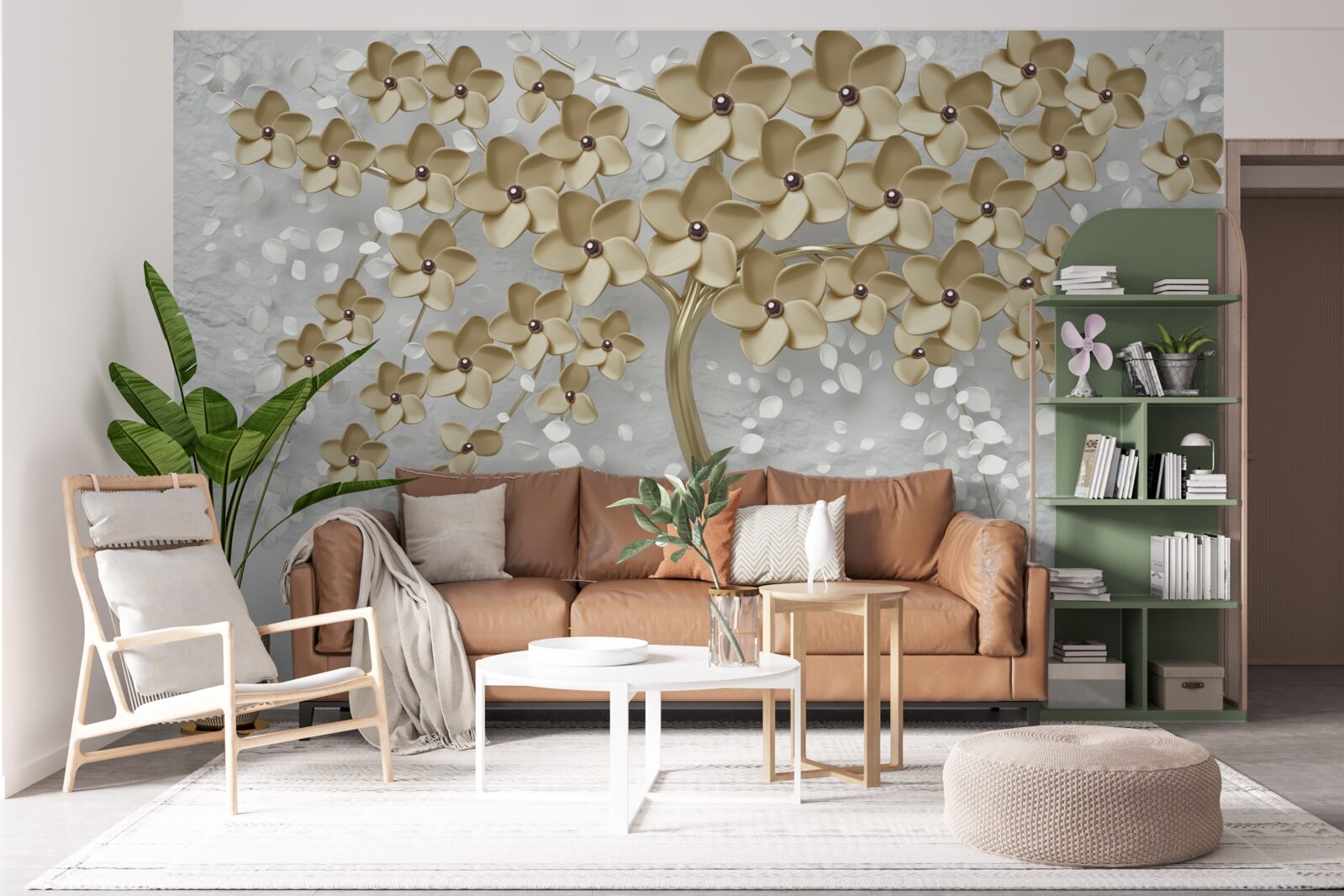 Papier peint arbre parsemé de fleurs dorées