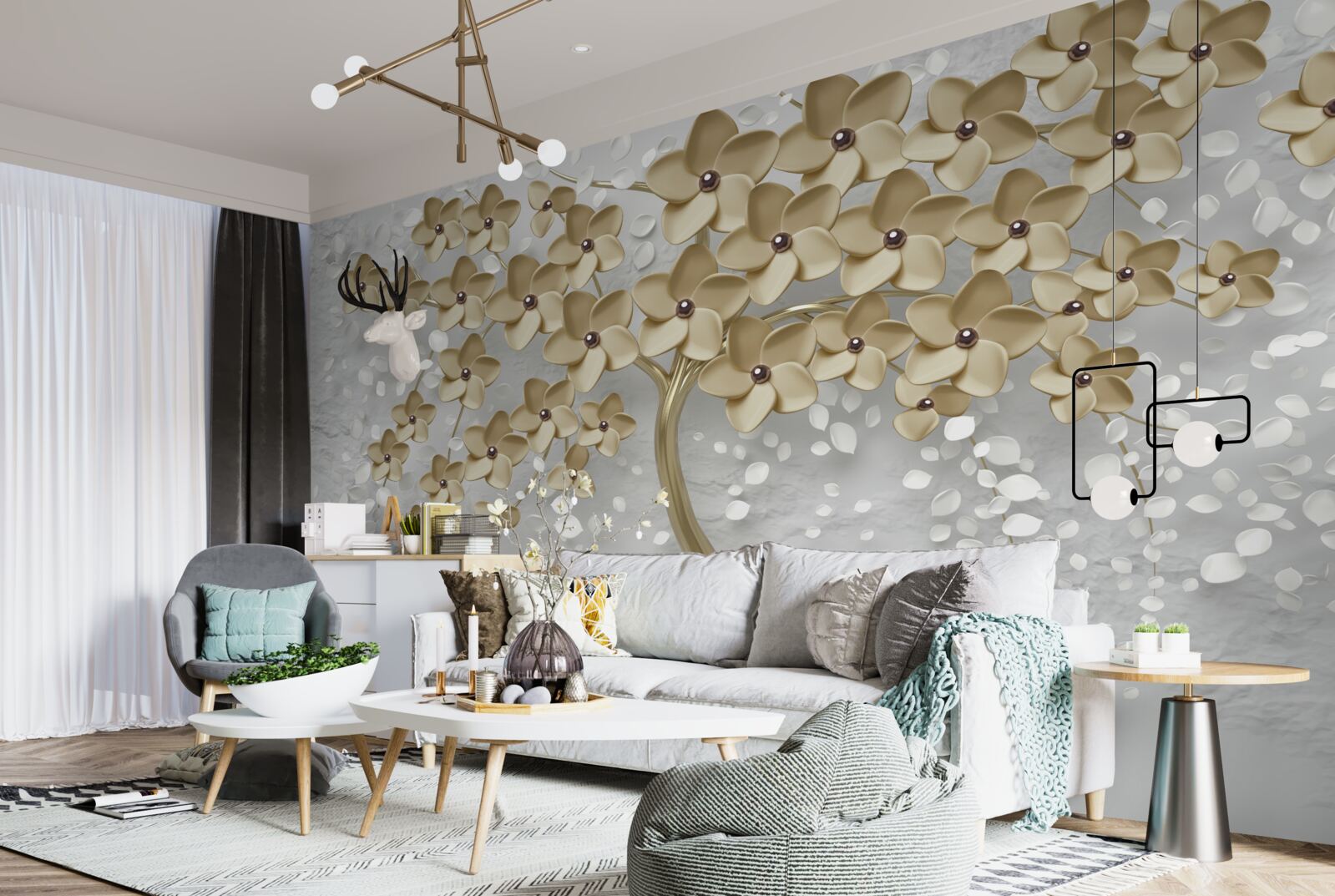 Papier peint arbre parsemé de fleurs dorées