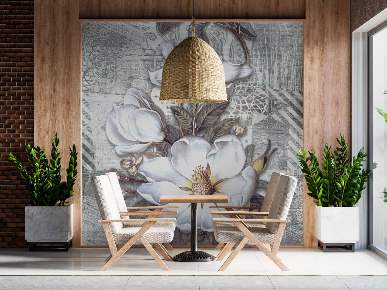 Papier peint grandes fleurs blanches sur fond de motifs abstraits