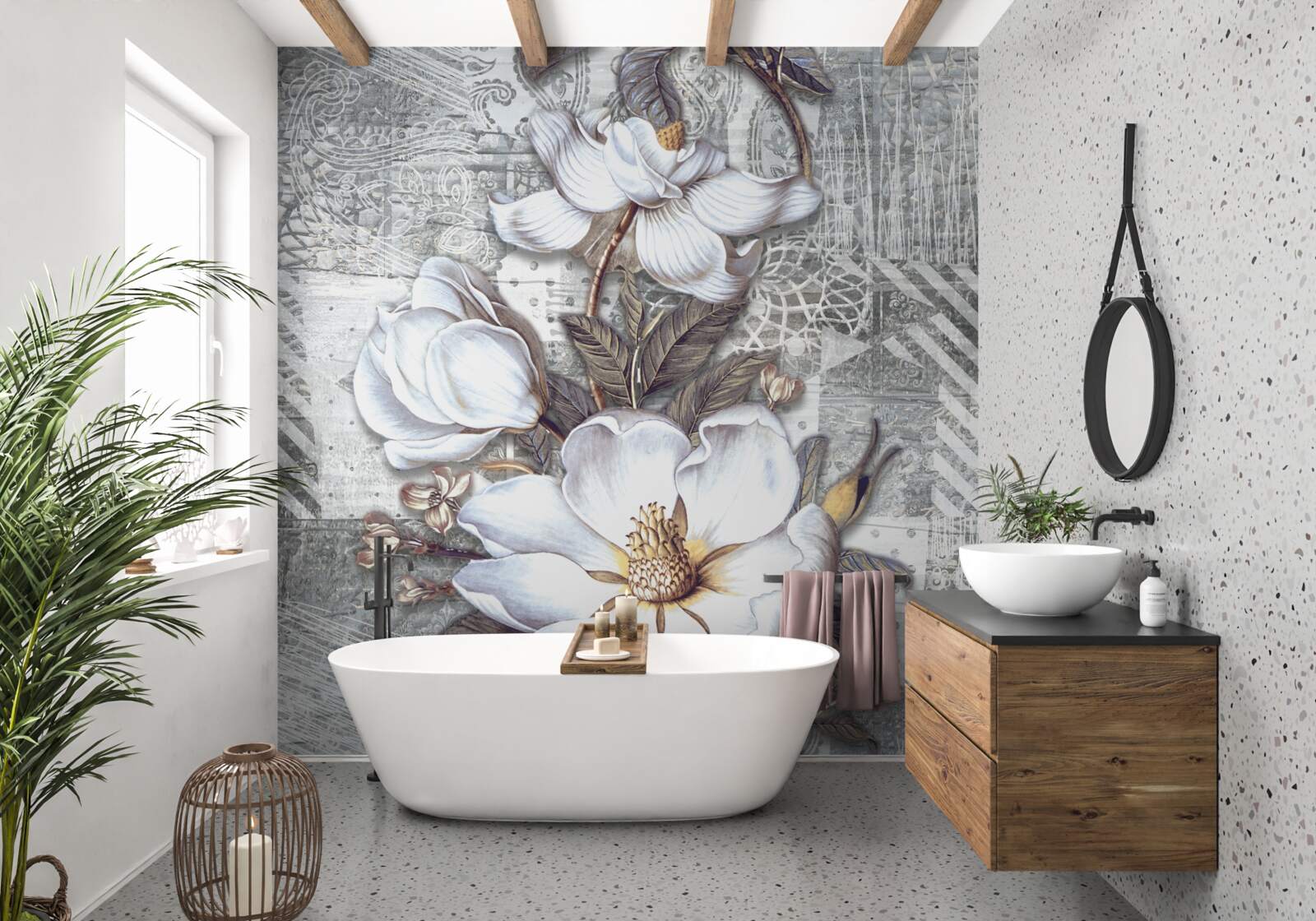 Papier peint grandes fleurs blanches sur fond de motifs abstraits