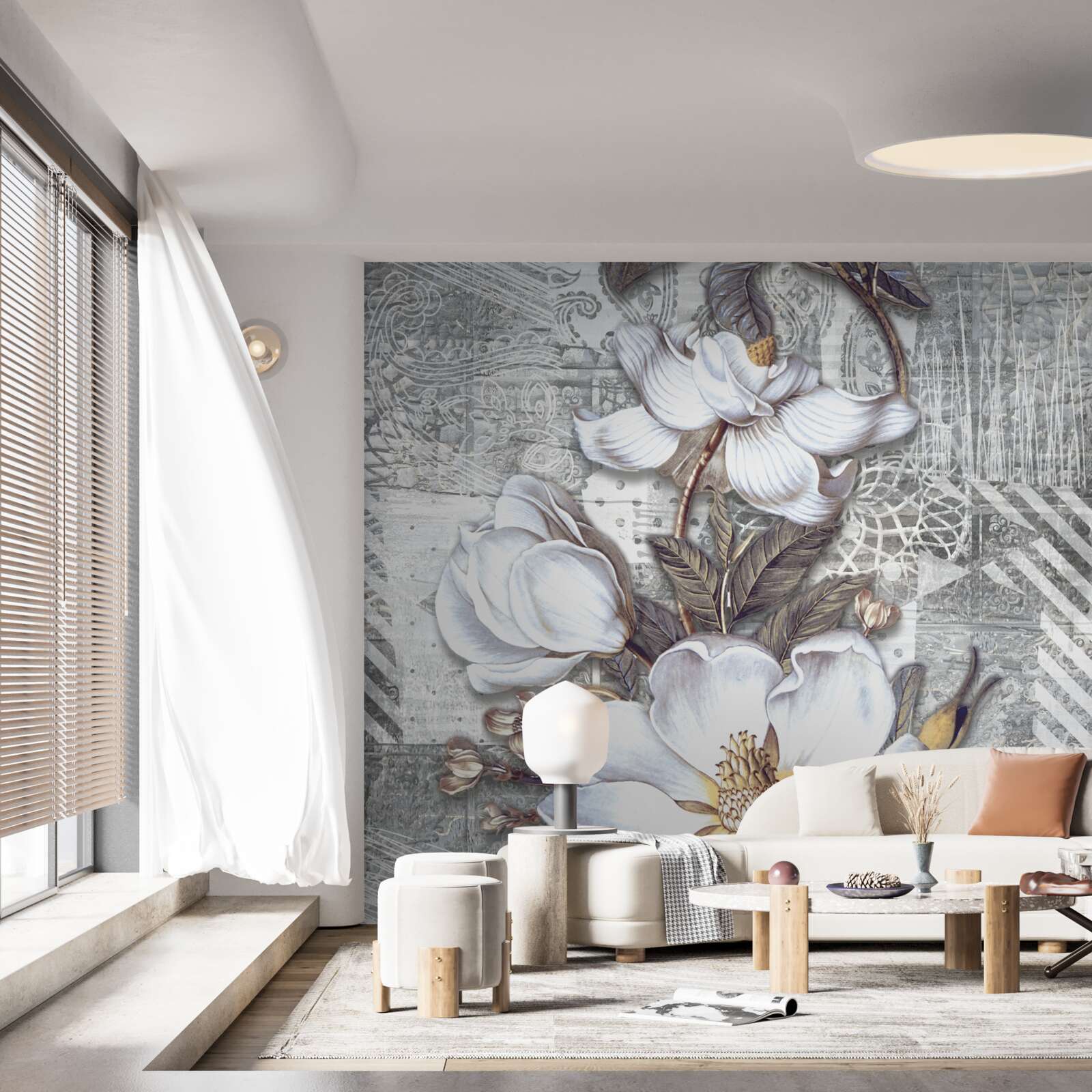 Papier peint grandes fleurs blanches sur fond de motifs abstraits