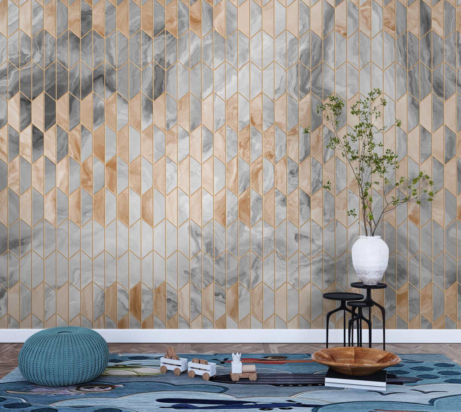 Papier peint composition géométrique or-gris sur une surface en marbre