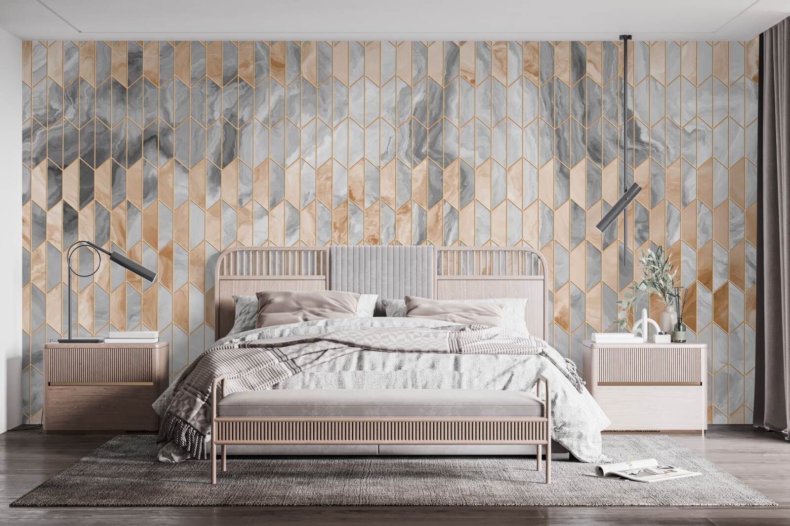 Papier peint composition géométrique or-gris sur une surface en marbre