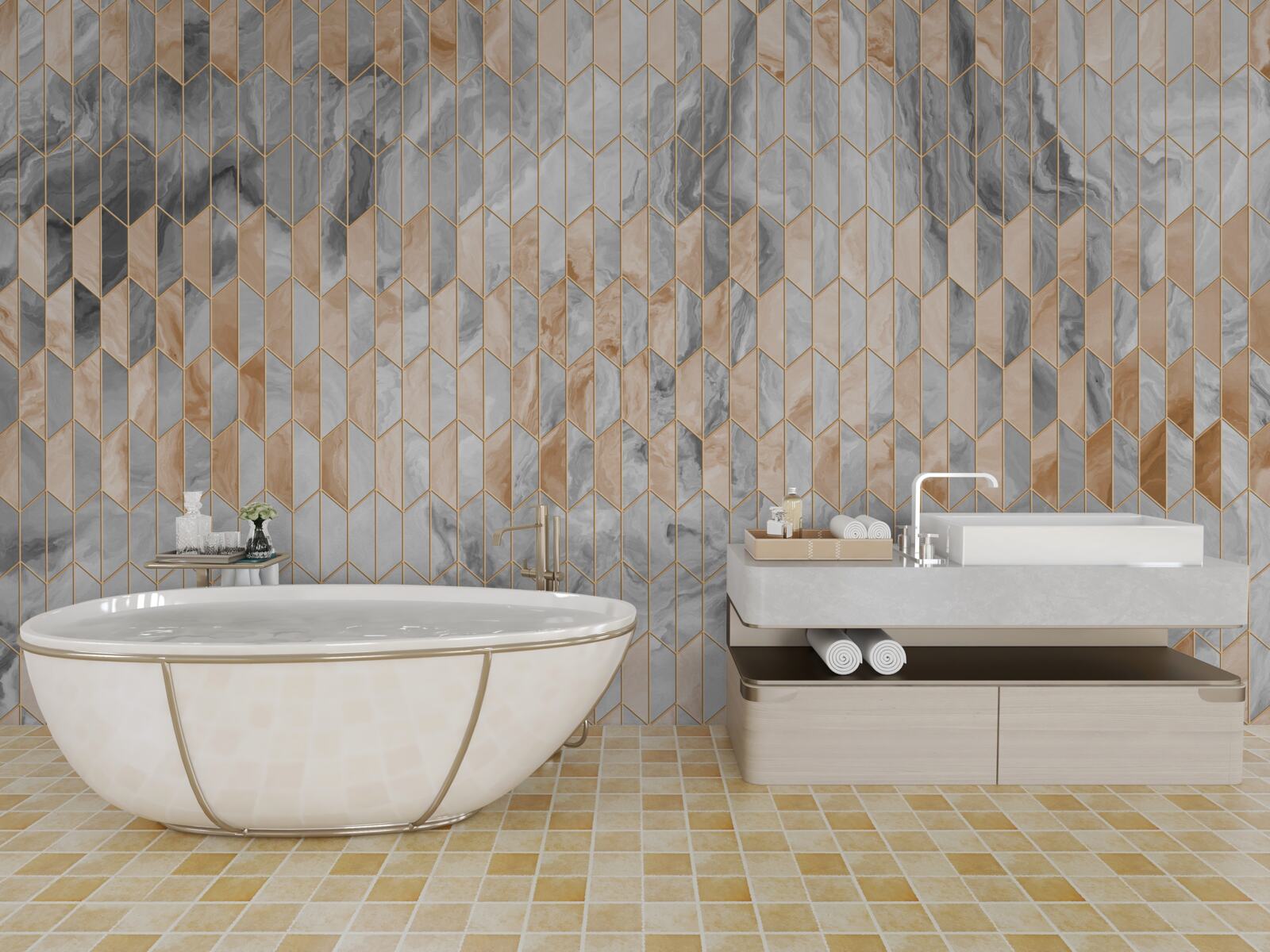 Papier peint composition géométrique or-gris sur une surface en marbre