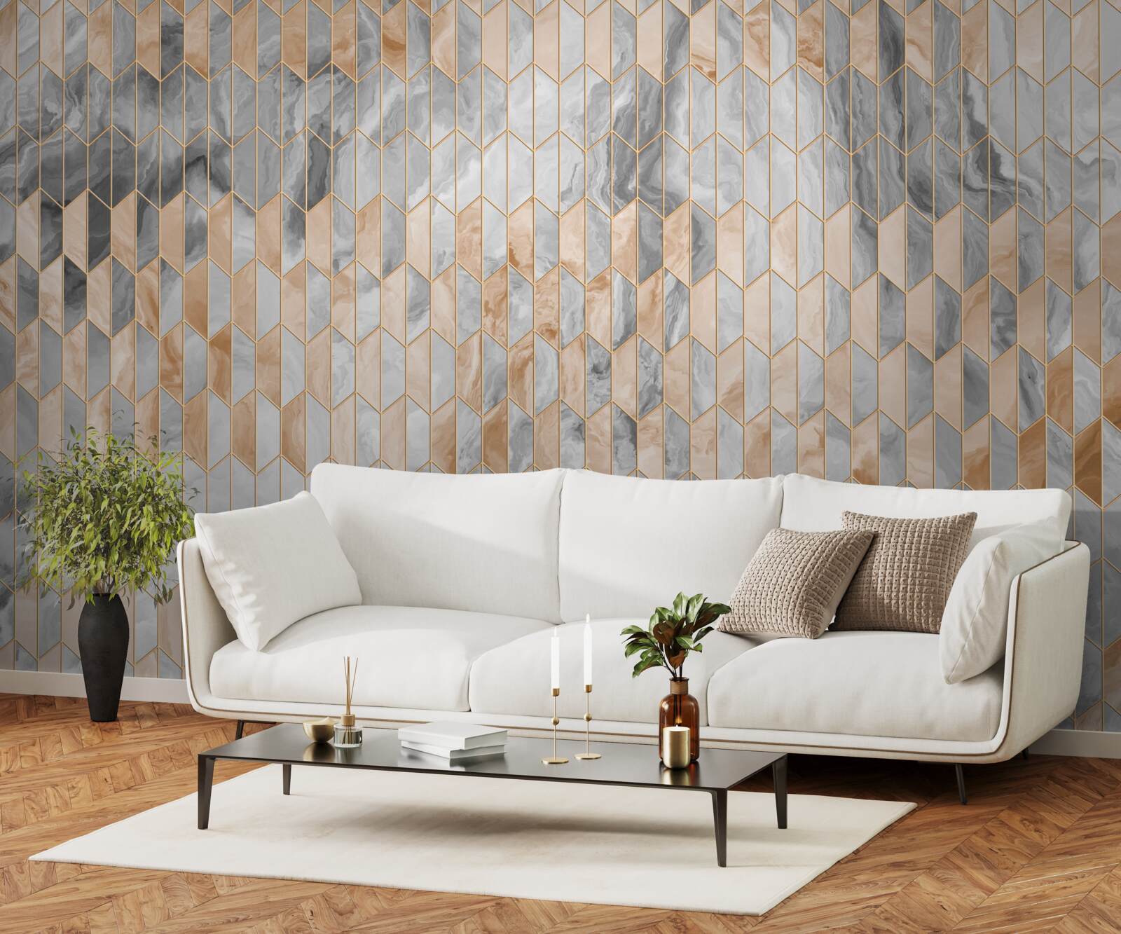 Papier peint composition géométrique or-gris sur une surface en marbre